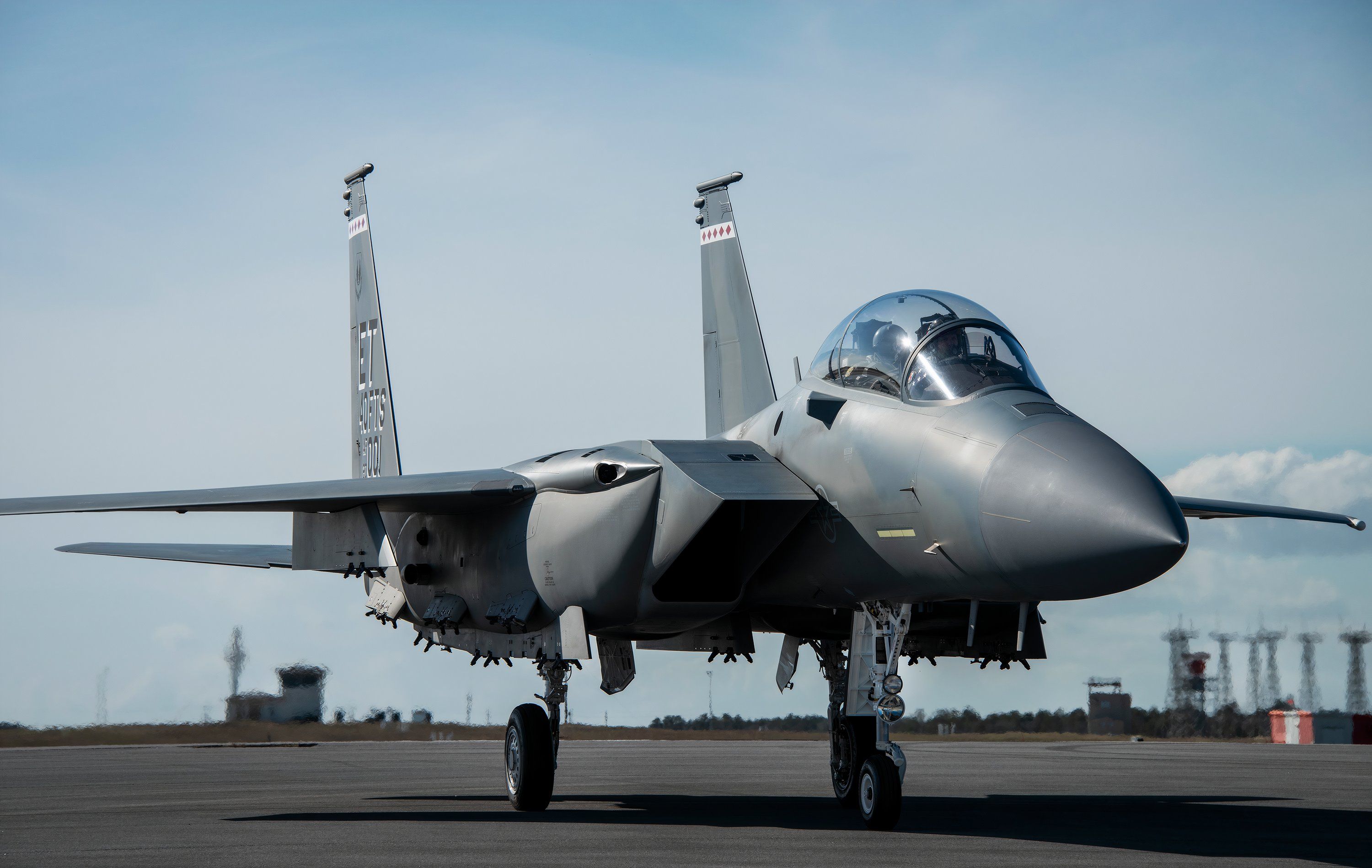 The F-15EX, the Air Force’s newest fighter aircraft, arrives at Eglin Air Force Base, Fla., 