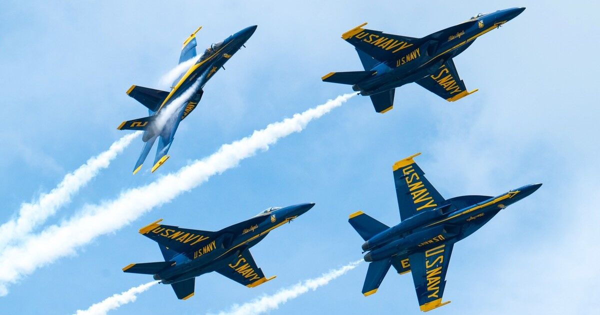 US Navy Blue Angels flying at CAF Wings Over Houston Airshow.