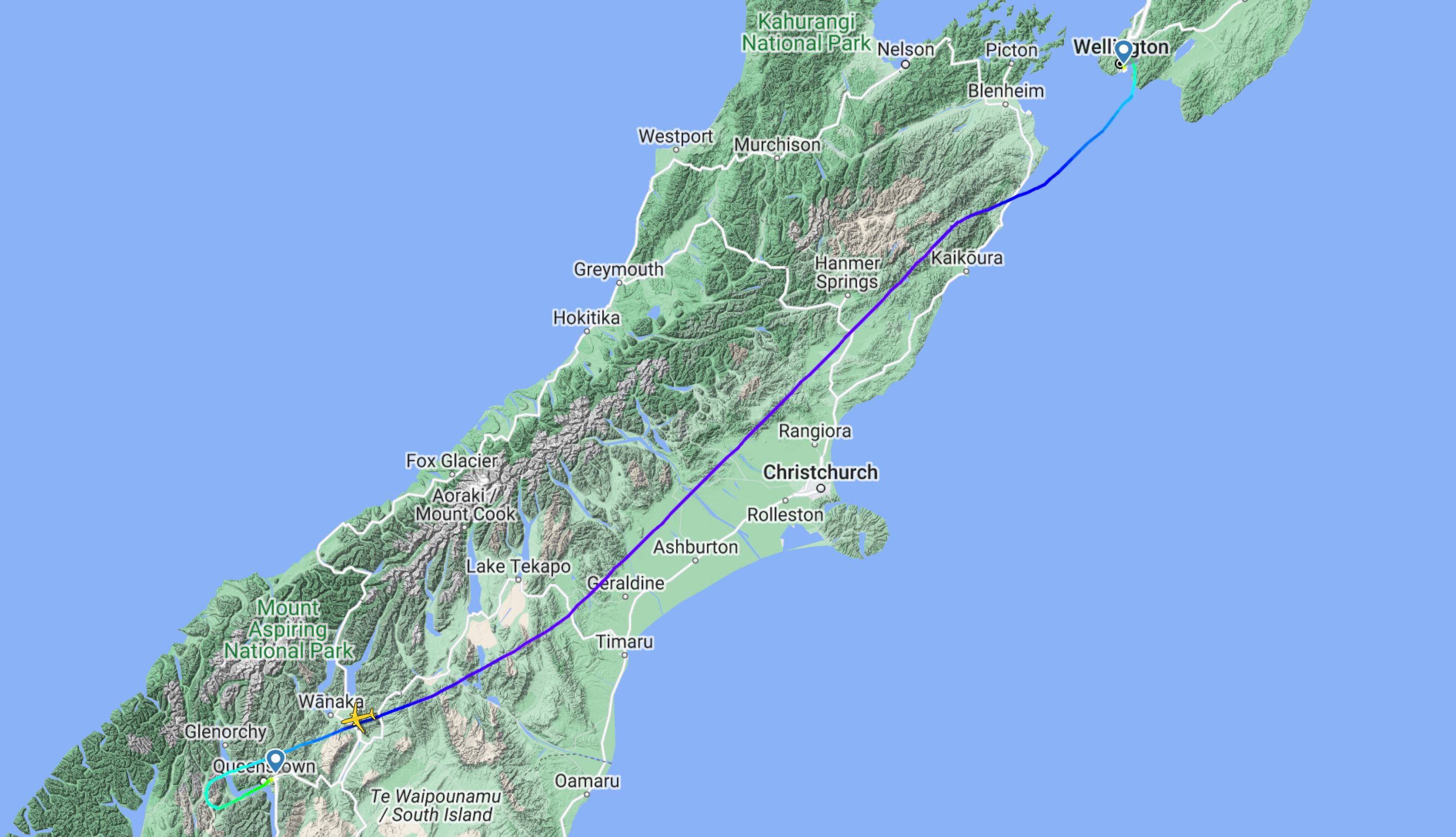 Air New Zealand Wellington Queenstown Flight Map