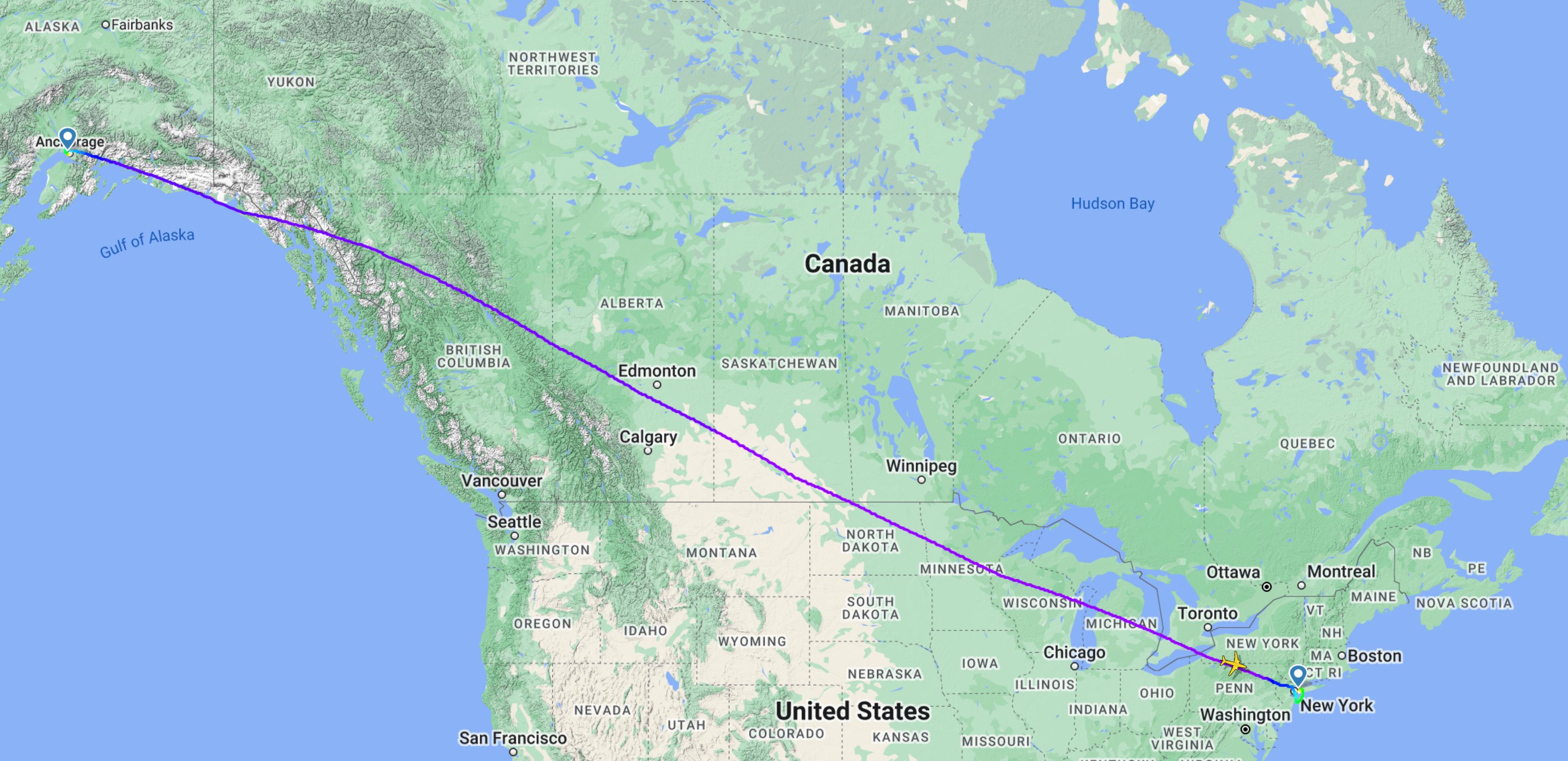 Alaska Airlines Anchorage to New York JFK Map