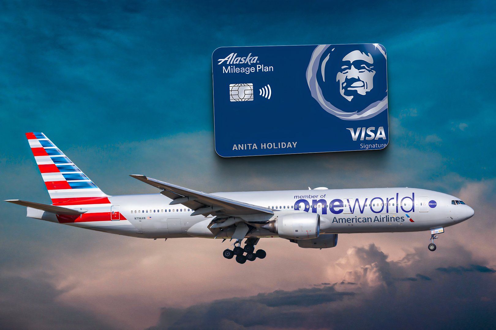 An American Airlines plane in oneworld livery underneath an Alaska Airlines credit card