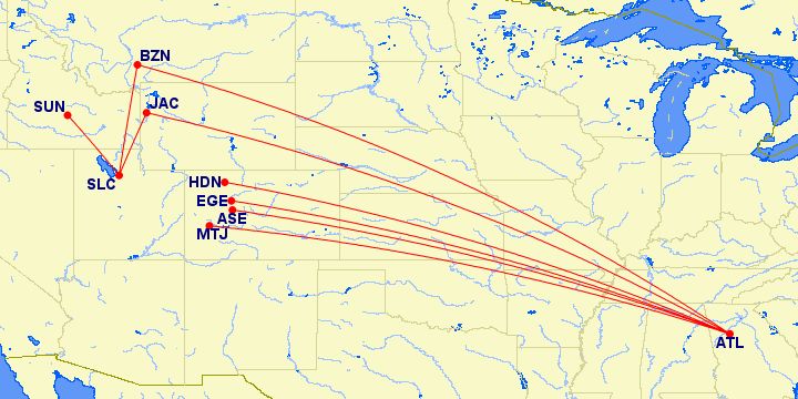 Route map from ATL and SLC of Delta's ski services in Winter 2024