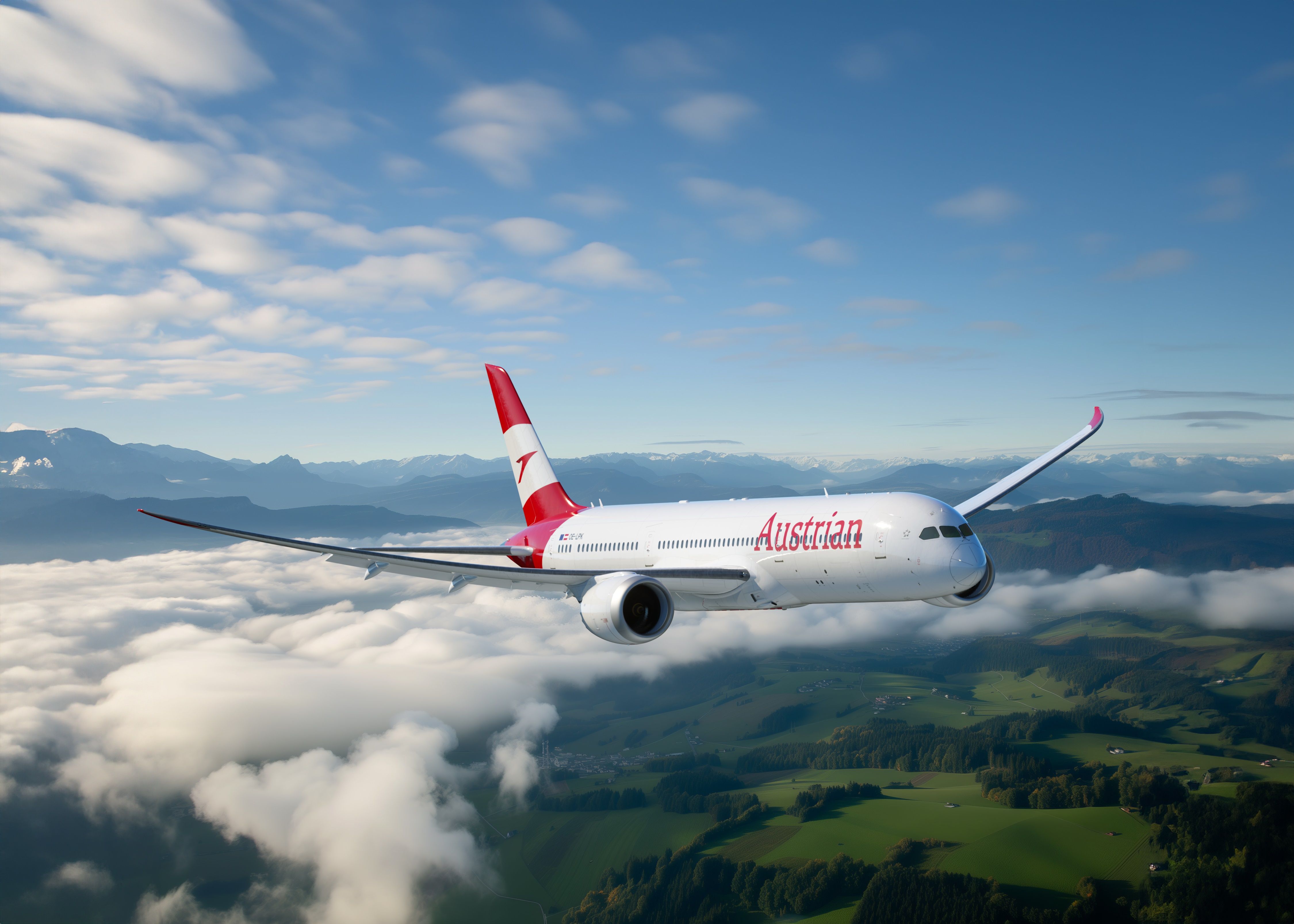 Rendering of the Austrian 787 flying in the sky