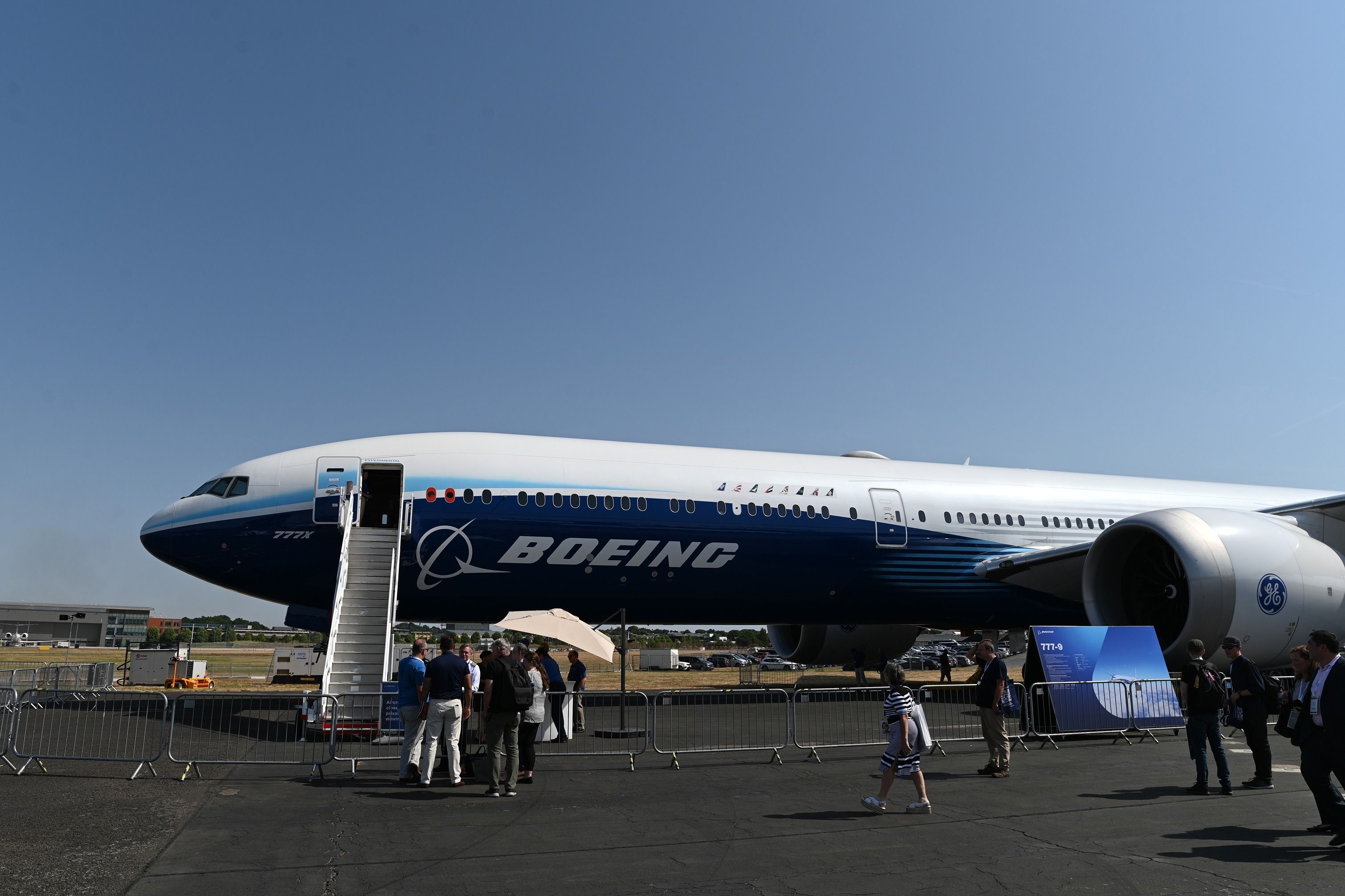 Boeing 777X on display at the Farnborough International Airshow shutterstock_2181164139