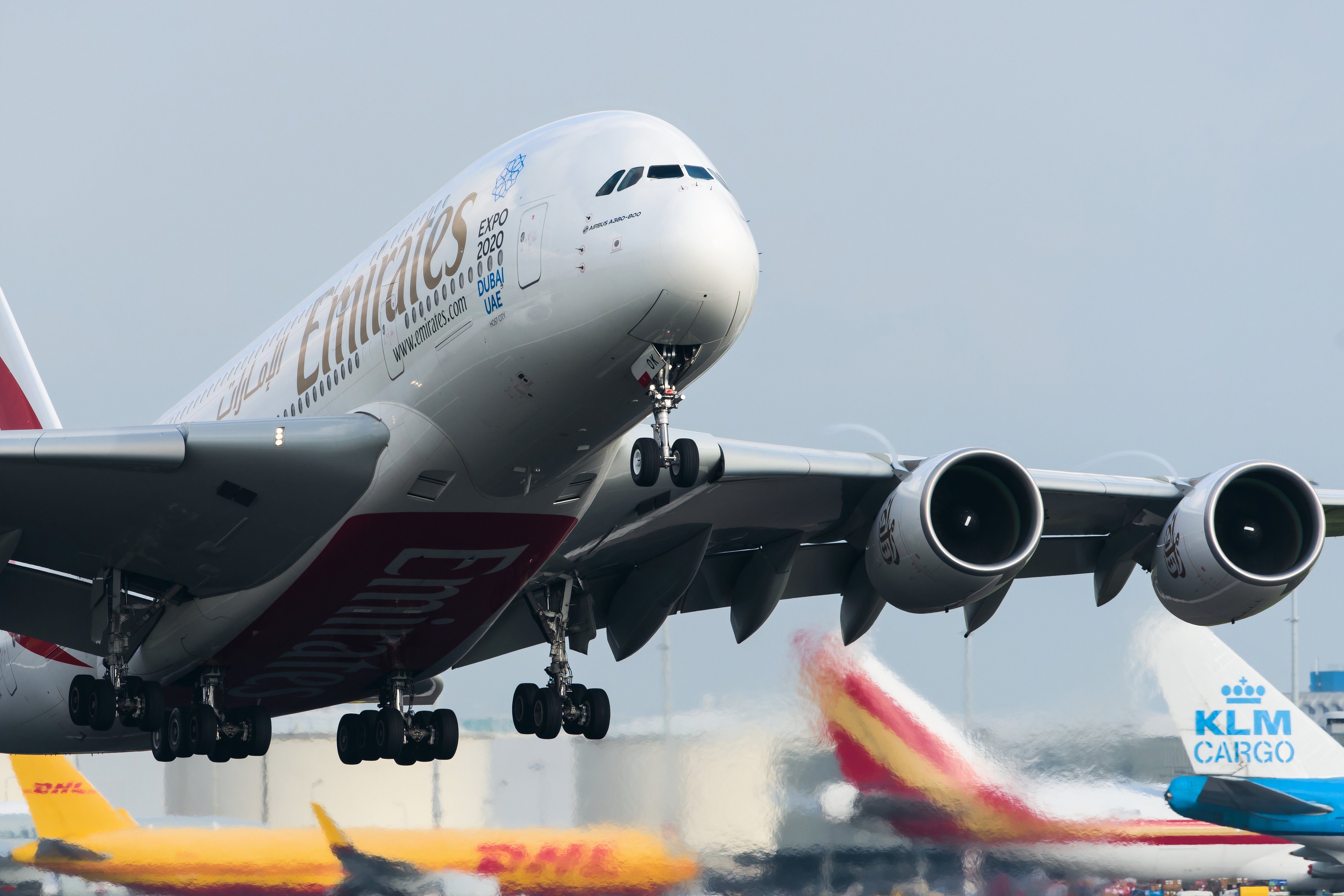 Emirates A380 leaving Amsterdam