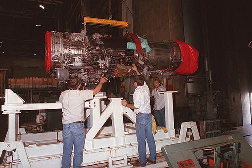 General Electric F414 engine being installed on a test bad