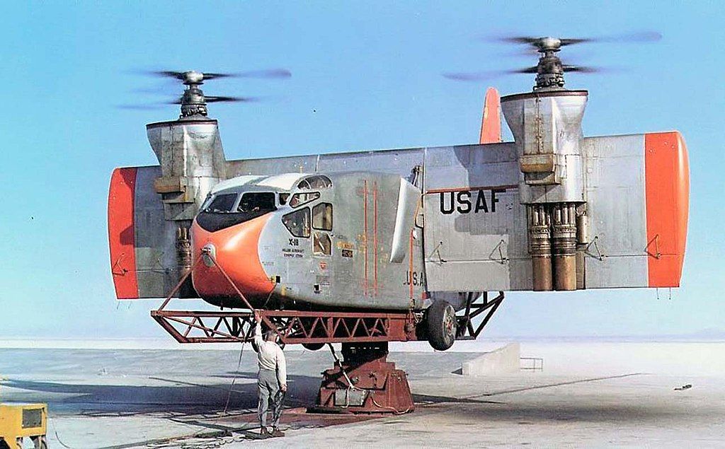 Hiller X-18 on testing platform with fully rotated wings