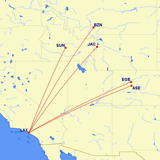 Route map from LAX of Delta's ski services in Winter 2024