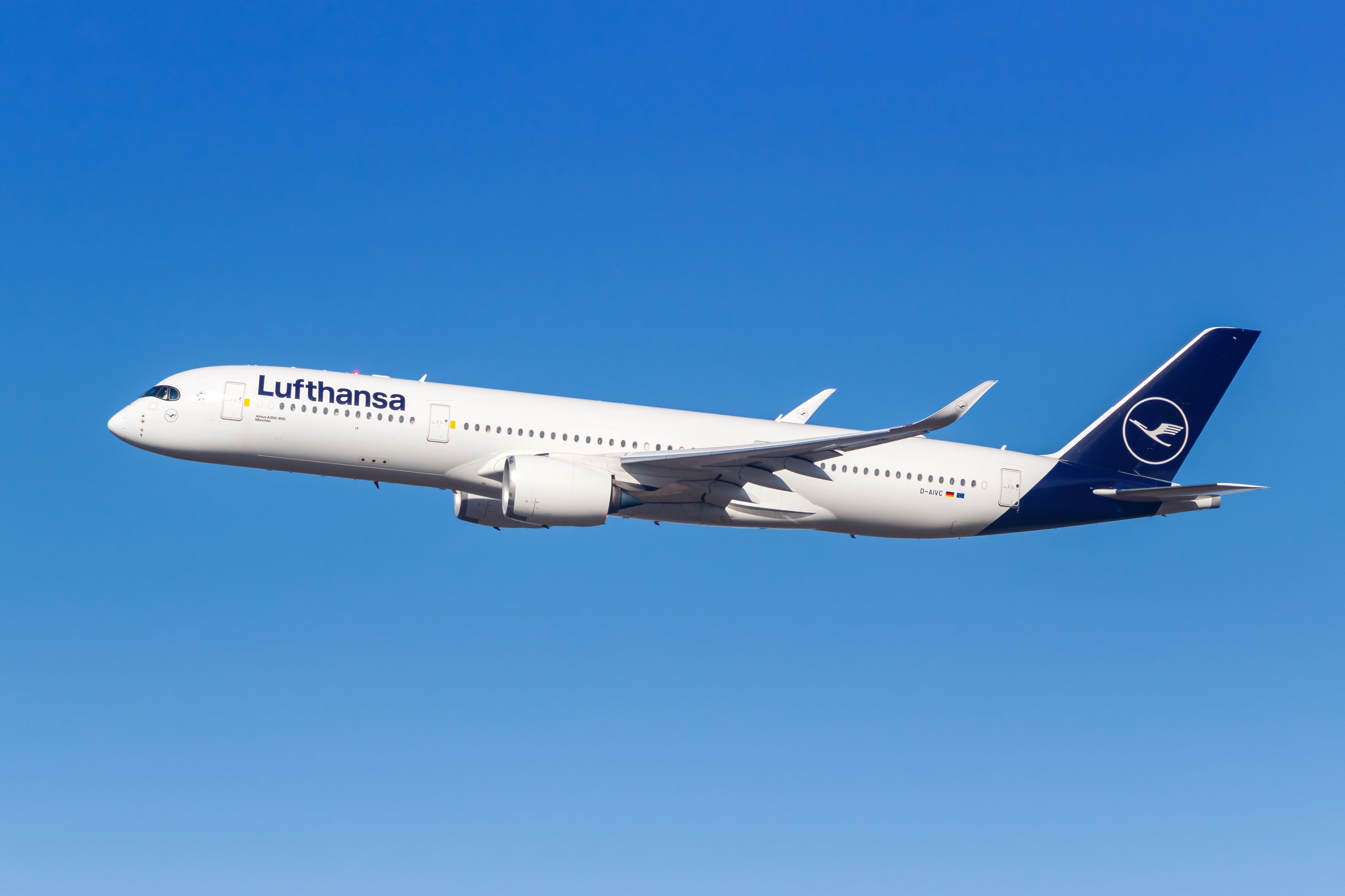 Lufthansa Airbus A350-900 departing Munich Airport MUC shutterstock_2469416291