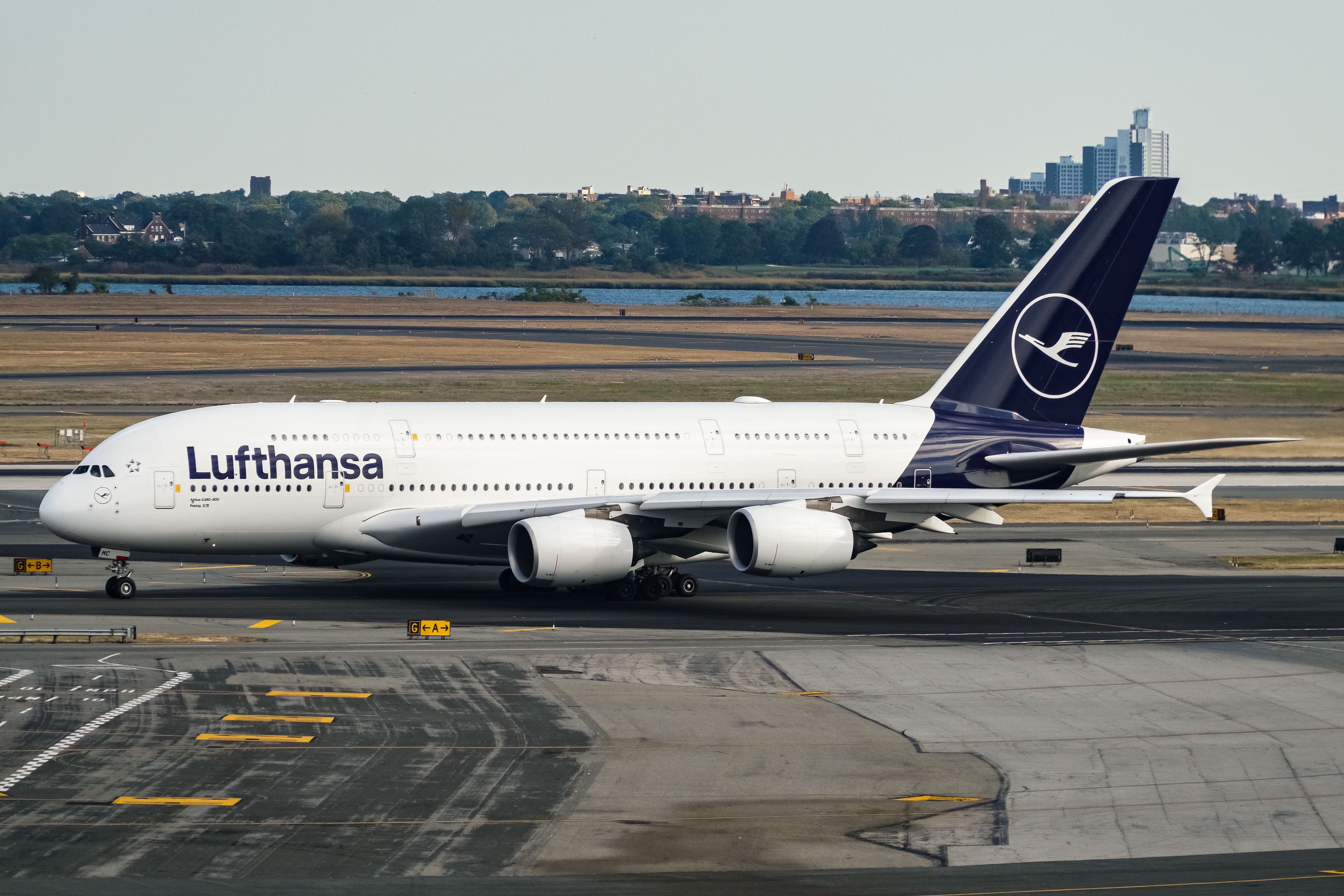 Lufthansa Airbus A380 taxiing at New York John F. Kennedy International Airport JFK shutterstock_1527627296