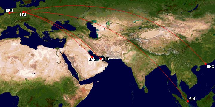 Map of AeroLogic 777 from Brussels to Leipzig and onwards