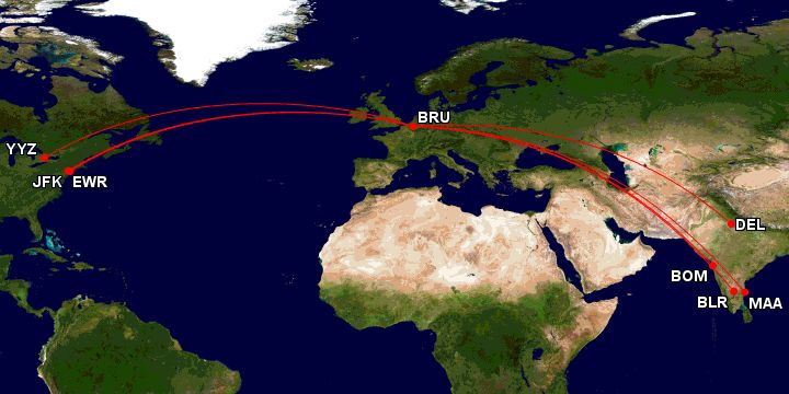 Map of the Jet Airways network via Brussels.