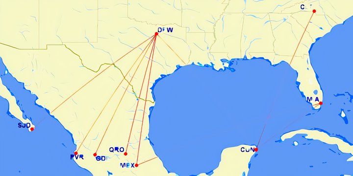 Route map of American Airlines june 2024 flights from USA to Mexico