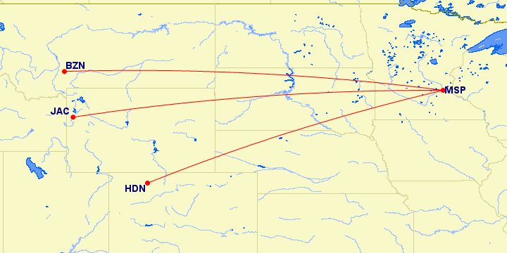 Route map from MSP of Delta's ski services in Winter 2024