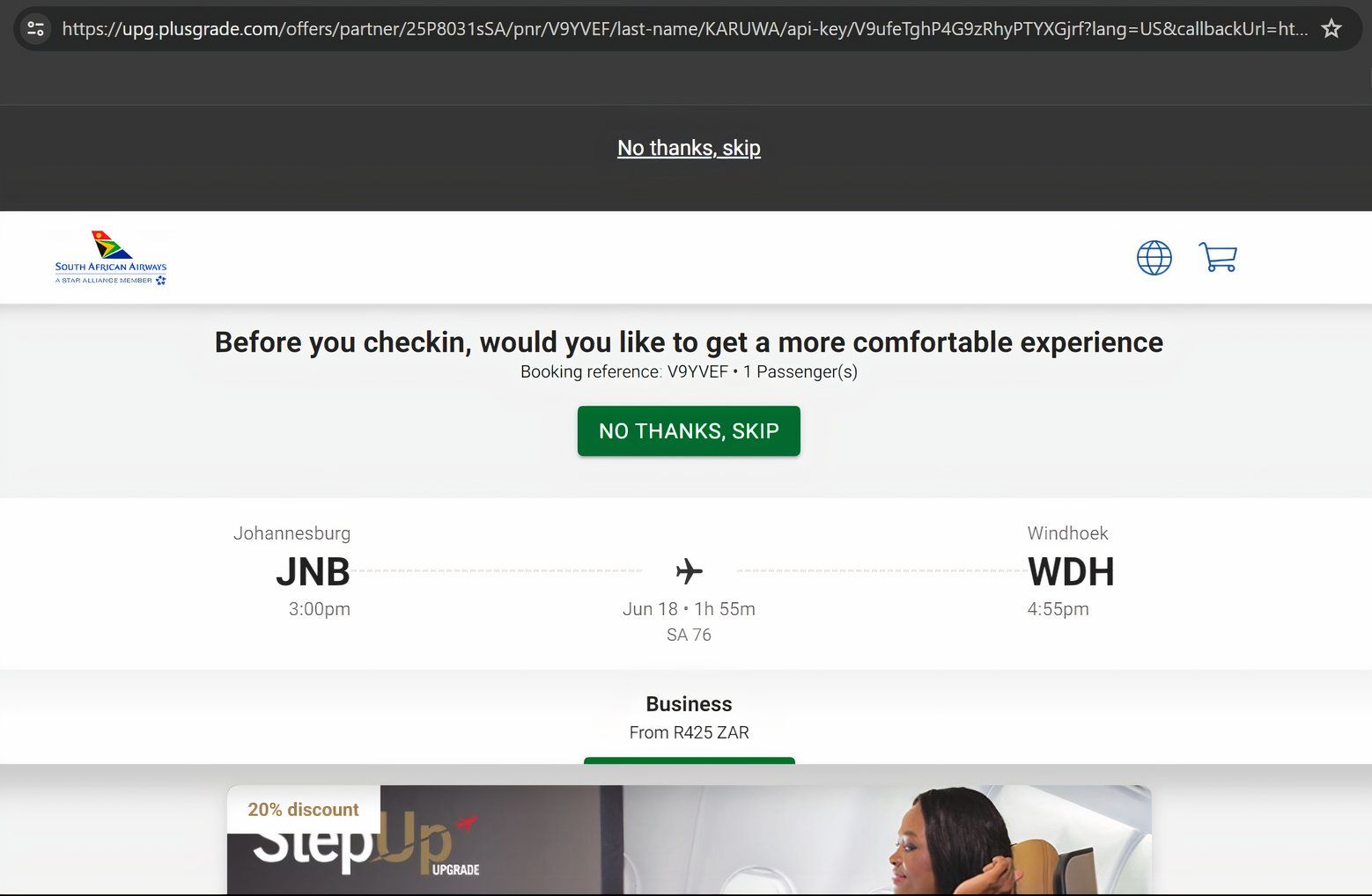 South African Airways online check-in