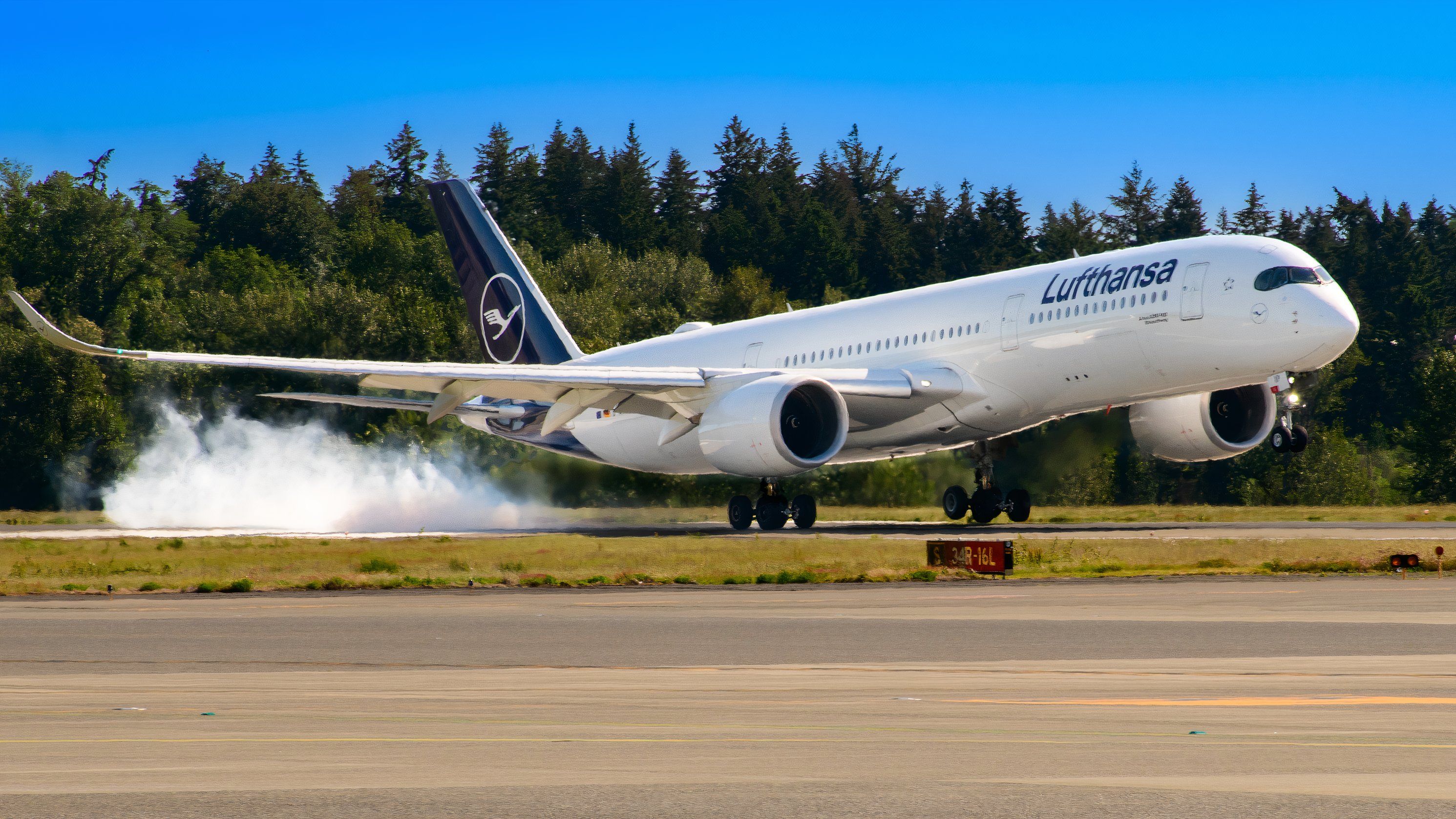 First Lufthansa A350-300 From Munich Smoking SEA Runway