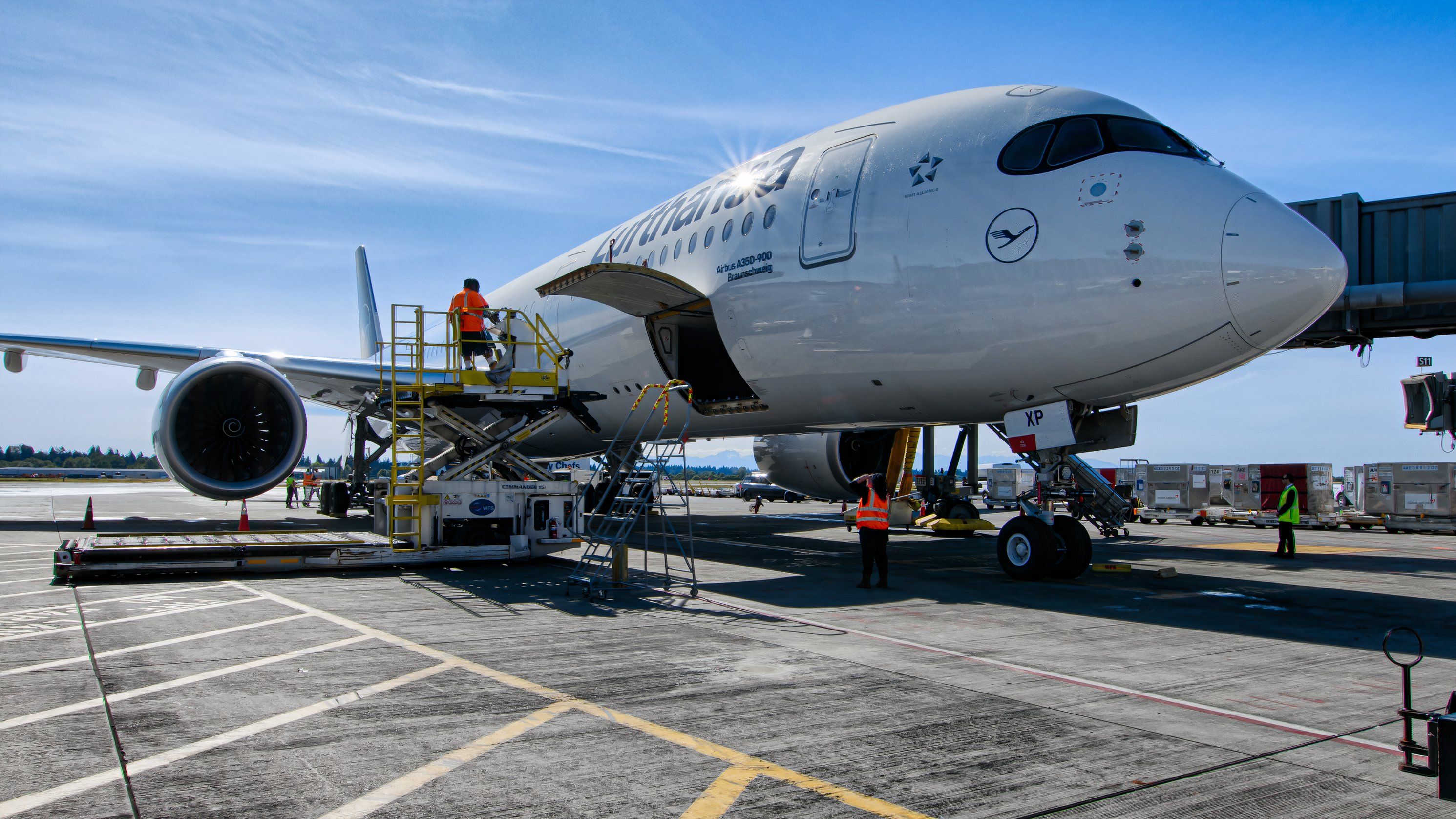 Getting Ready to Unload Air Freight From Lufthansa A350-900 at SEA - HDR + 16x9