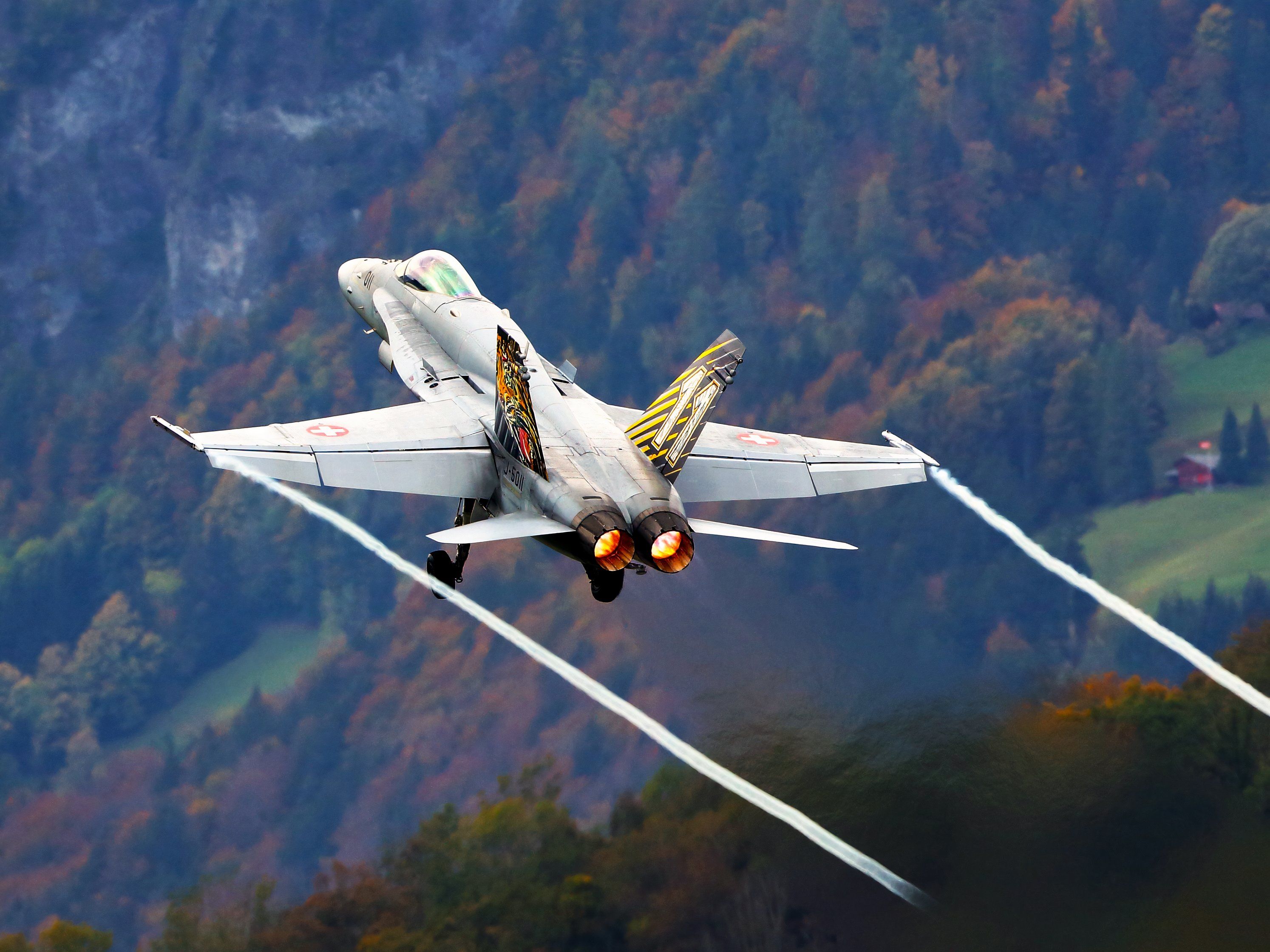 shutterstock_1210218934 - 4x3 - Rising Swiss F/A-18 Hornet on afterburner & vapes