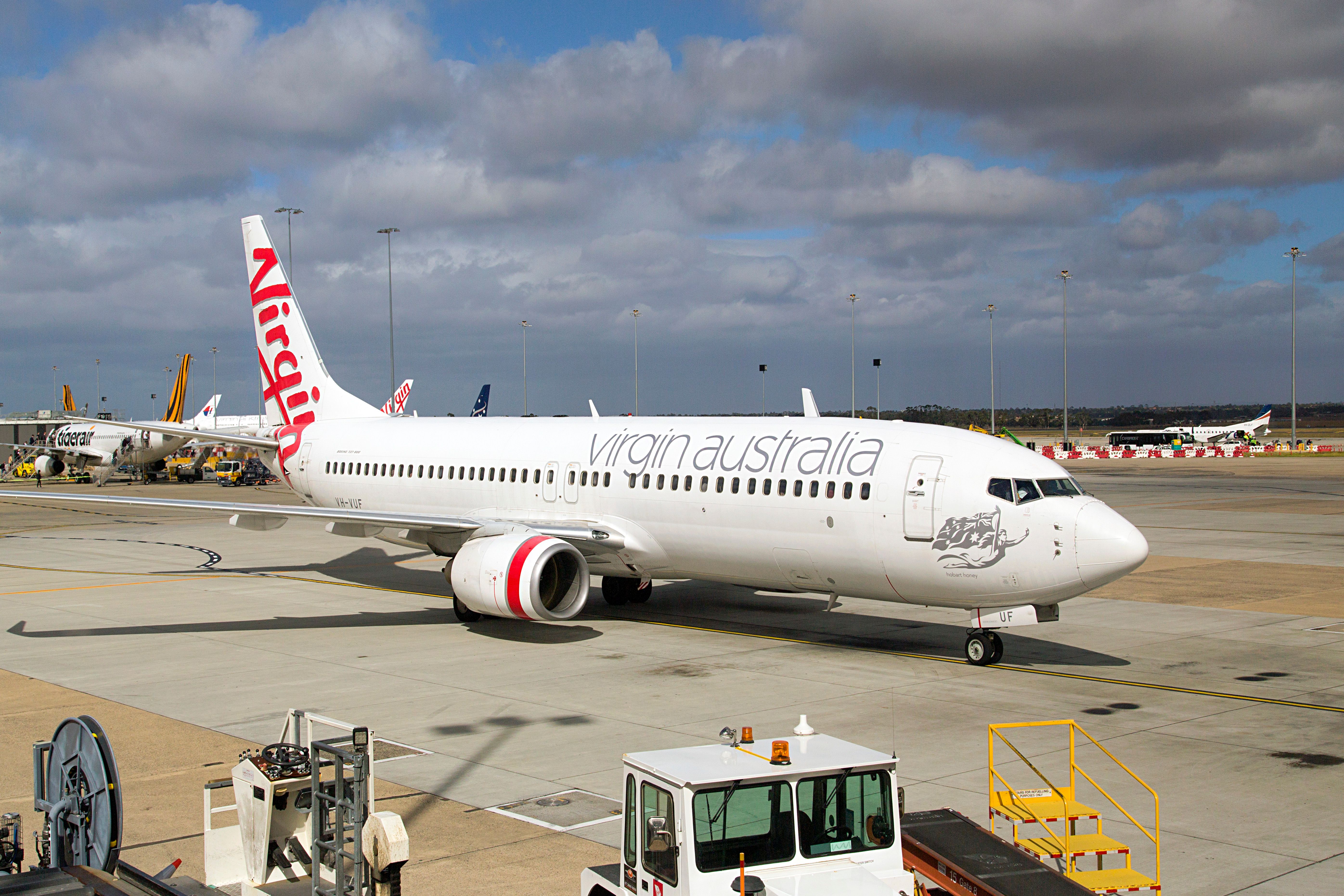 737-800 Melbourne, Australia: March 26, 2018: Virgin Australia airplane on the runway at Tullamarine Airport in Melbourne. Virgin Australia Airlines is Australia's second-largest airline after Qantas.