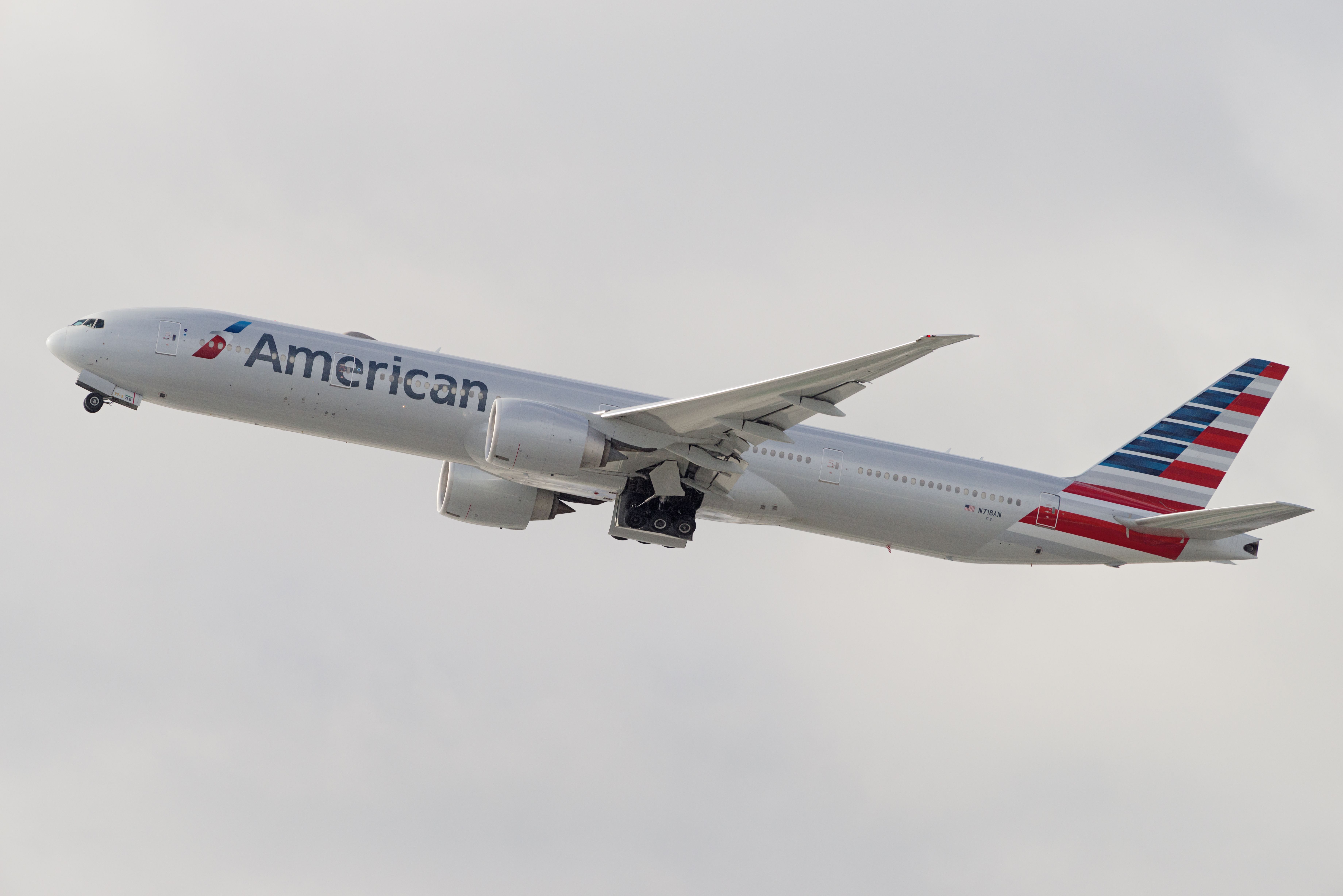 American Airlines Boeing 777-300ER taking off from Los Angeles International Airport.