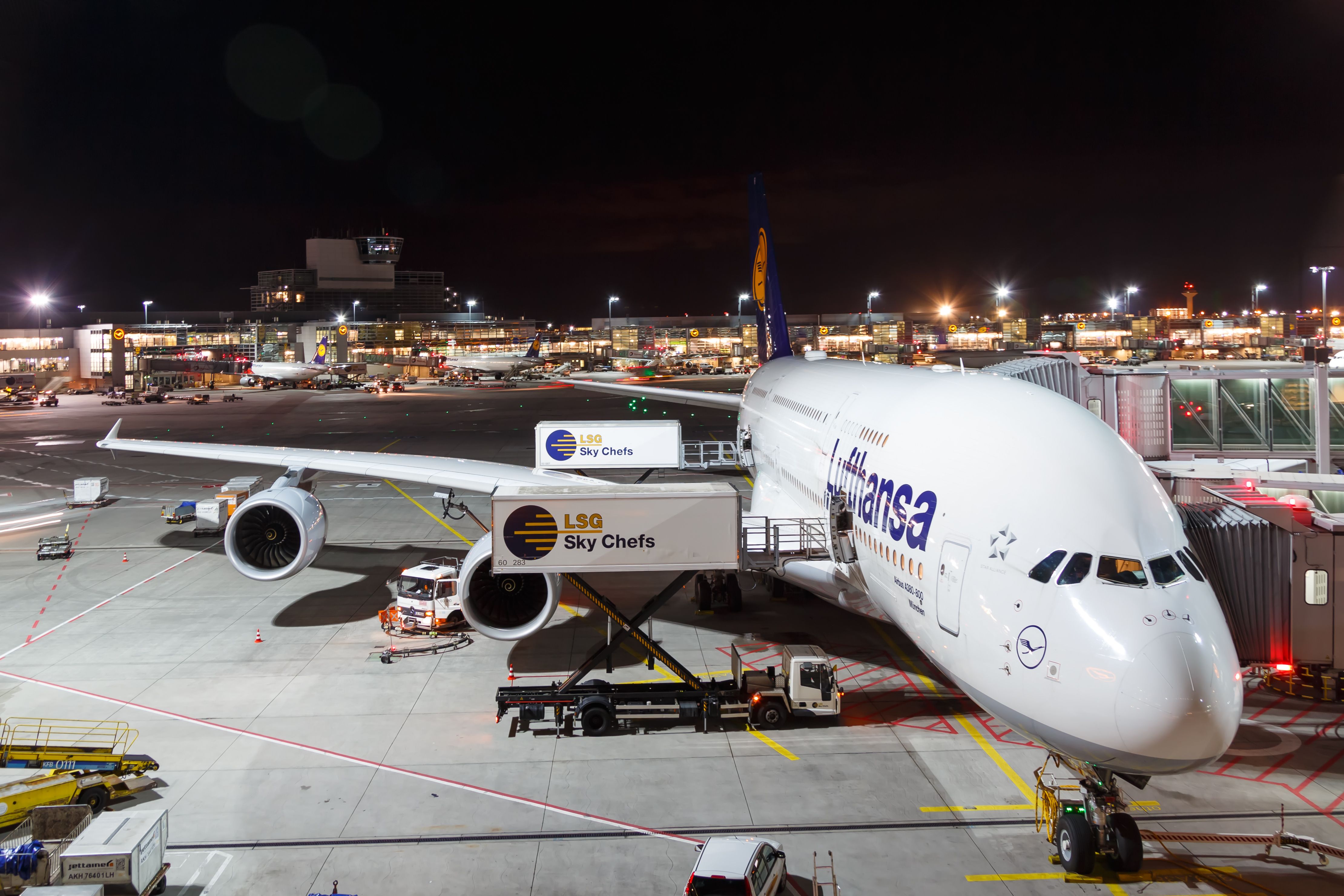 Frankfurt, Germany – January 18, 2018: Lufthansa Airbus A380 airplane at Frankfurt airport (FRA) in Germany. Airbus is a European aircraft manufacturer based in Toulouse, France.