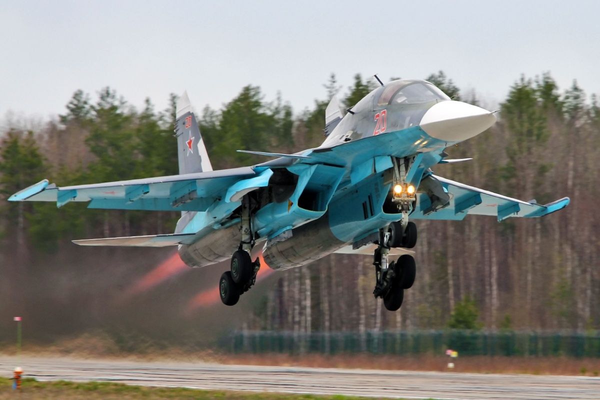 Russia air force multirole jet fighter-bomber Sukhoi Su-34 in flight.
