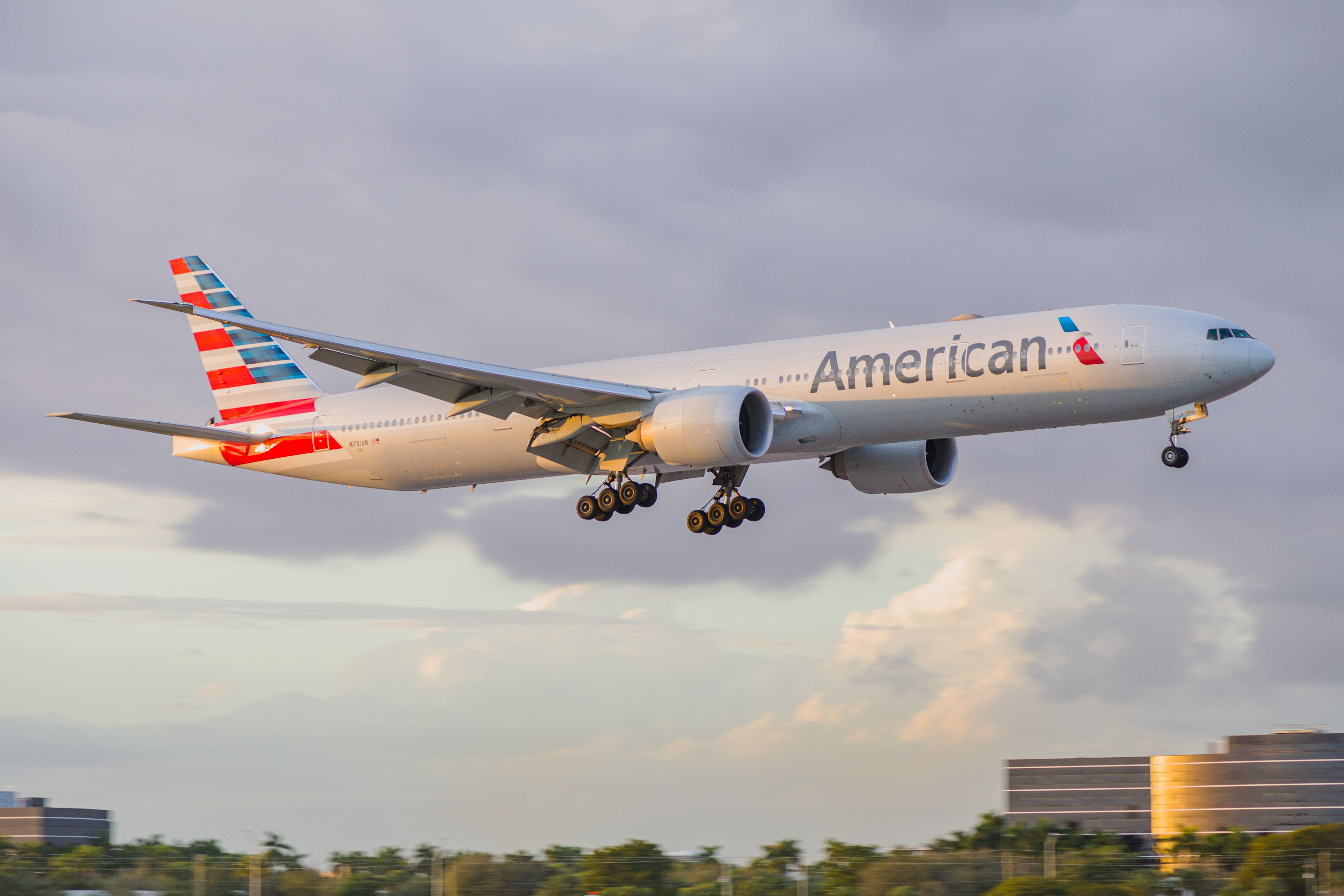 American Airlines Boeing 777-300ER landing at Miami International Airport.