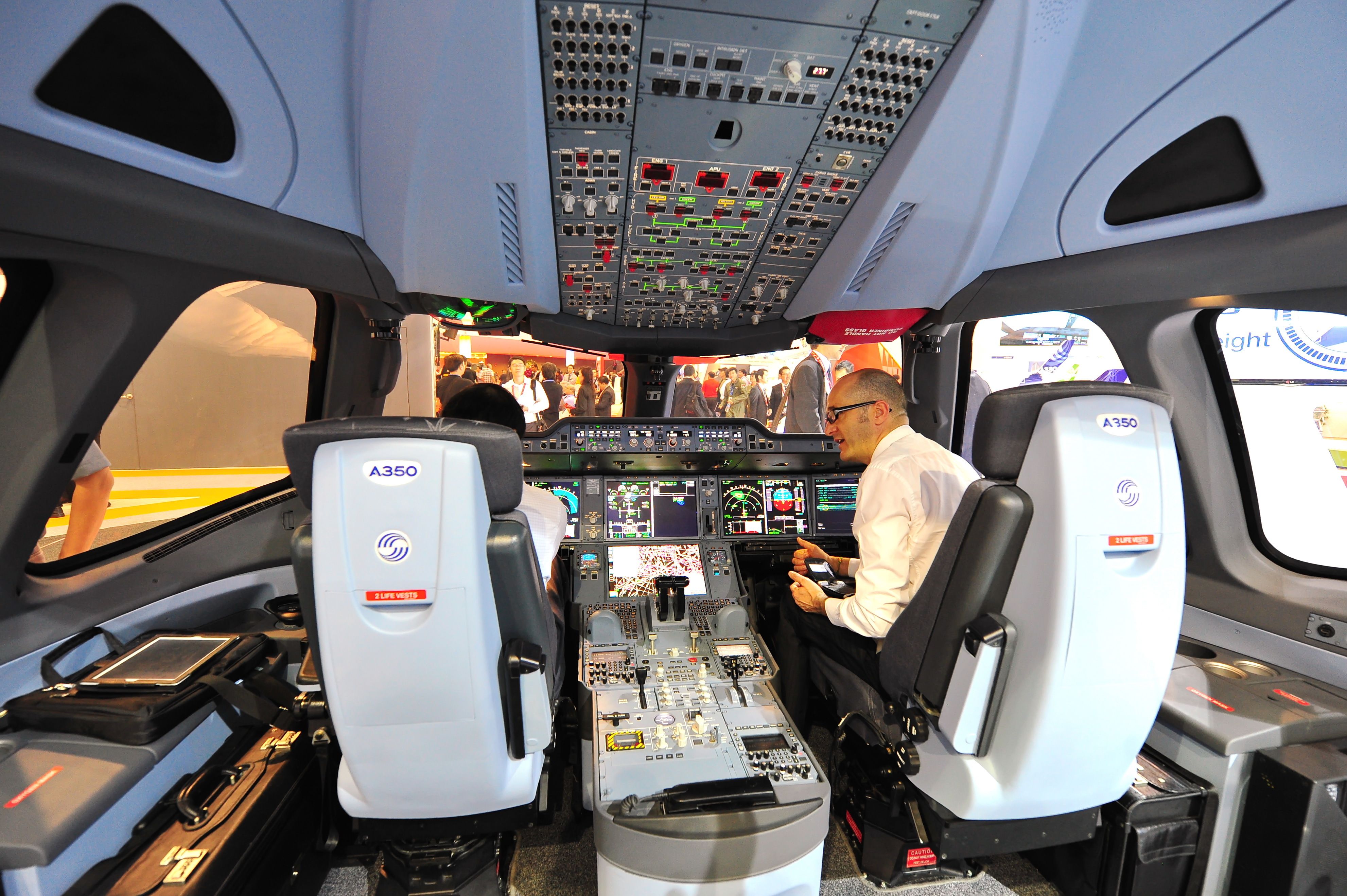 Airbus A350-900 XWB cockpit demonstrator at Singapore Airshow February 12, 2014 in Singapore.