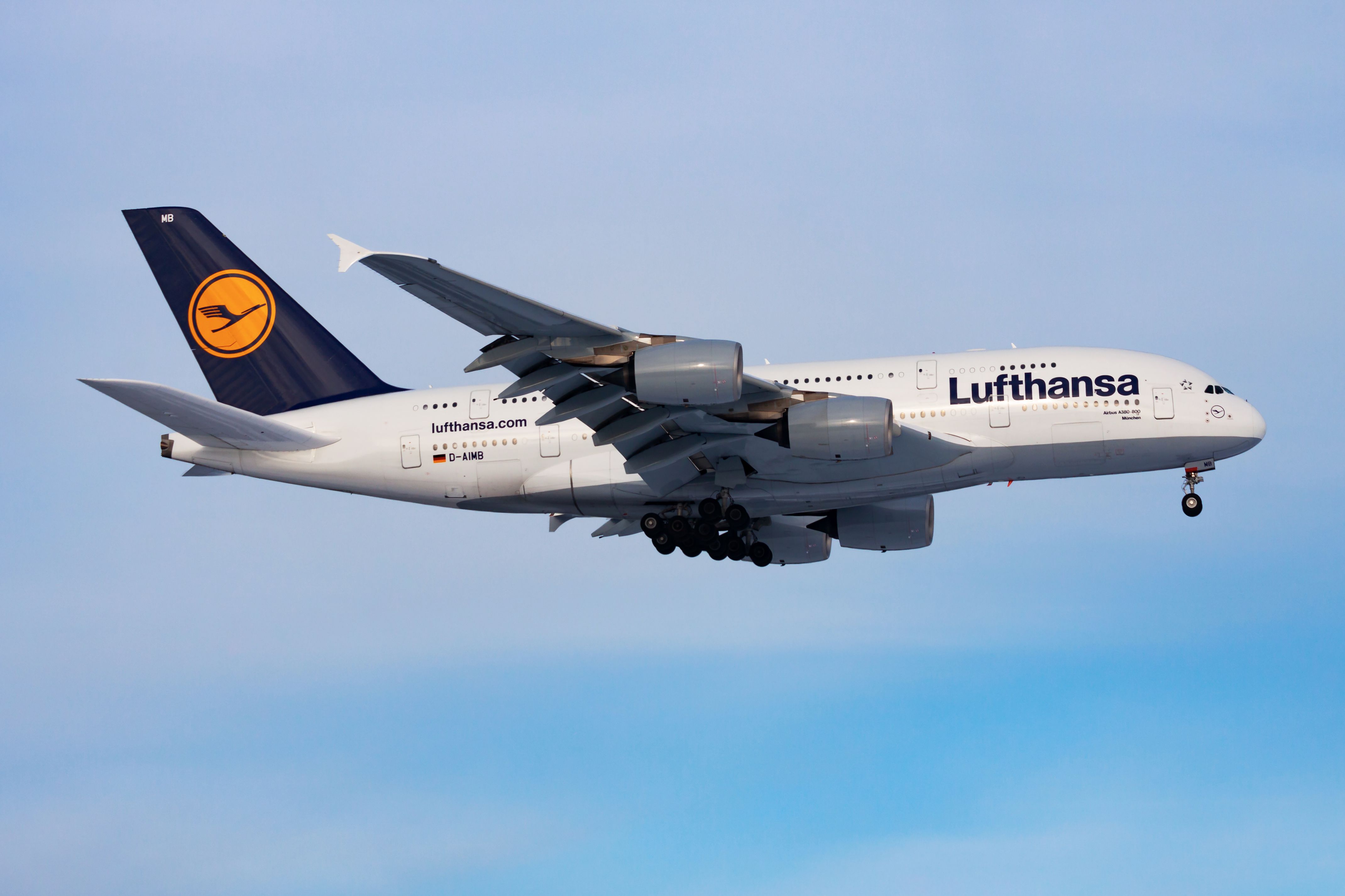 FRANKFURT / GERMANY - DECEMBER 8, 2012: Lufthansa Airbus A380 D-AIMB passenger plane landing at Frankfurt Airport