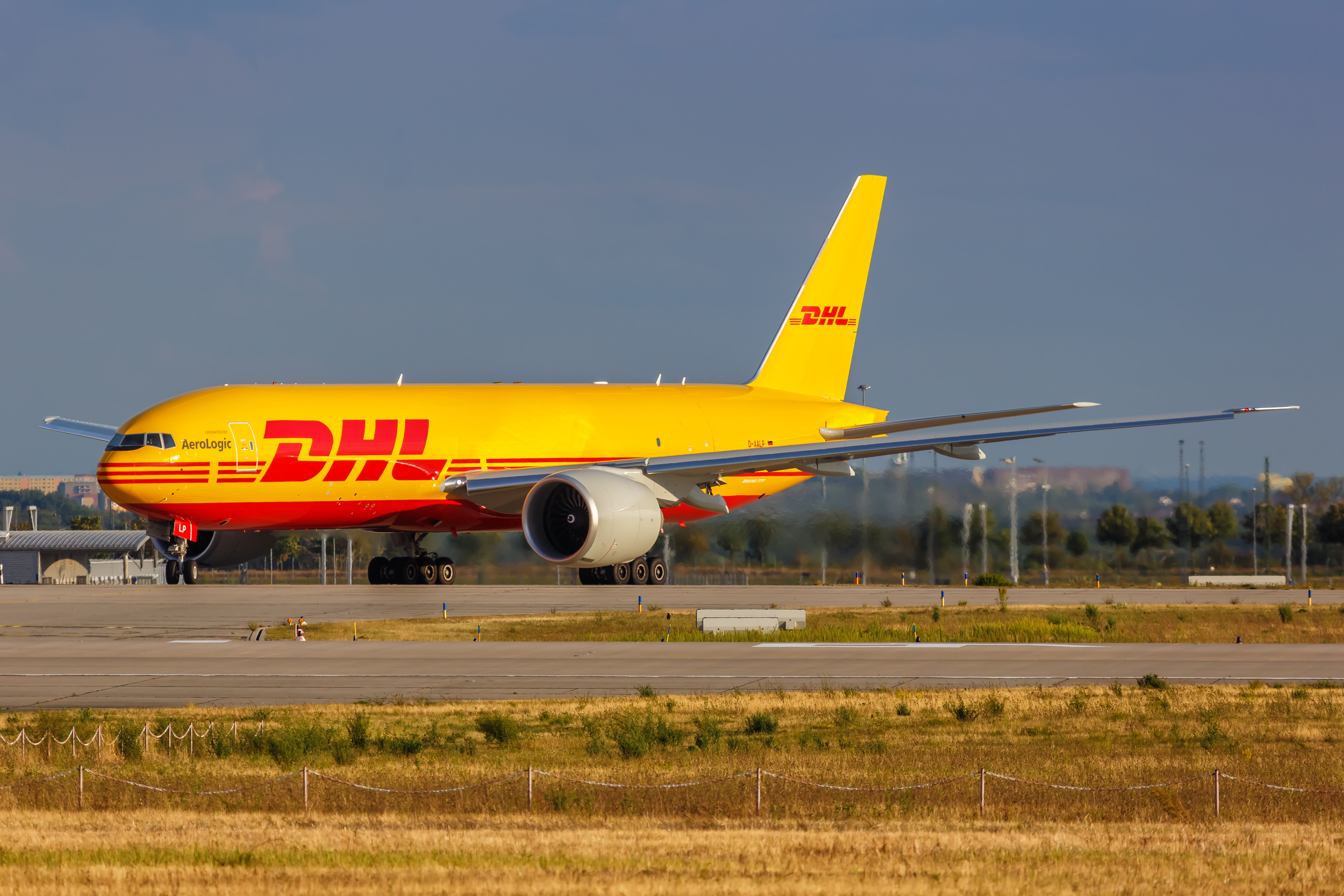 A DHL Boeing 777F aircraft at Leipzig Airport.