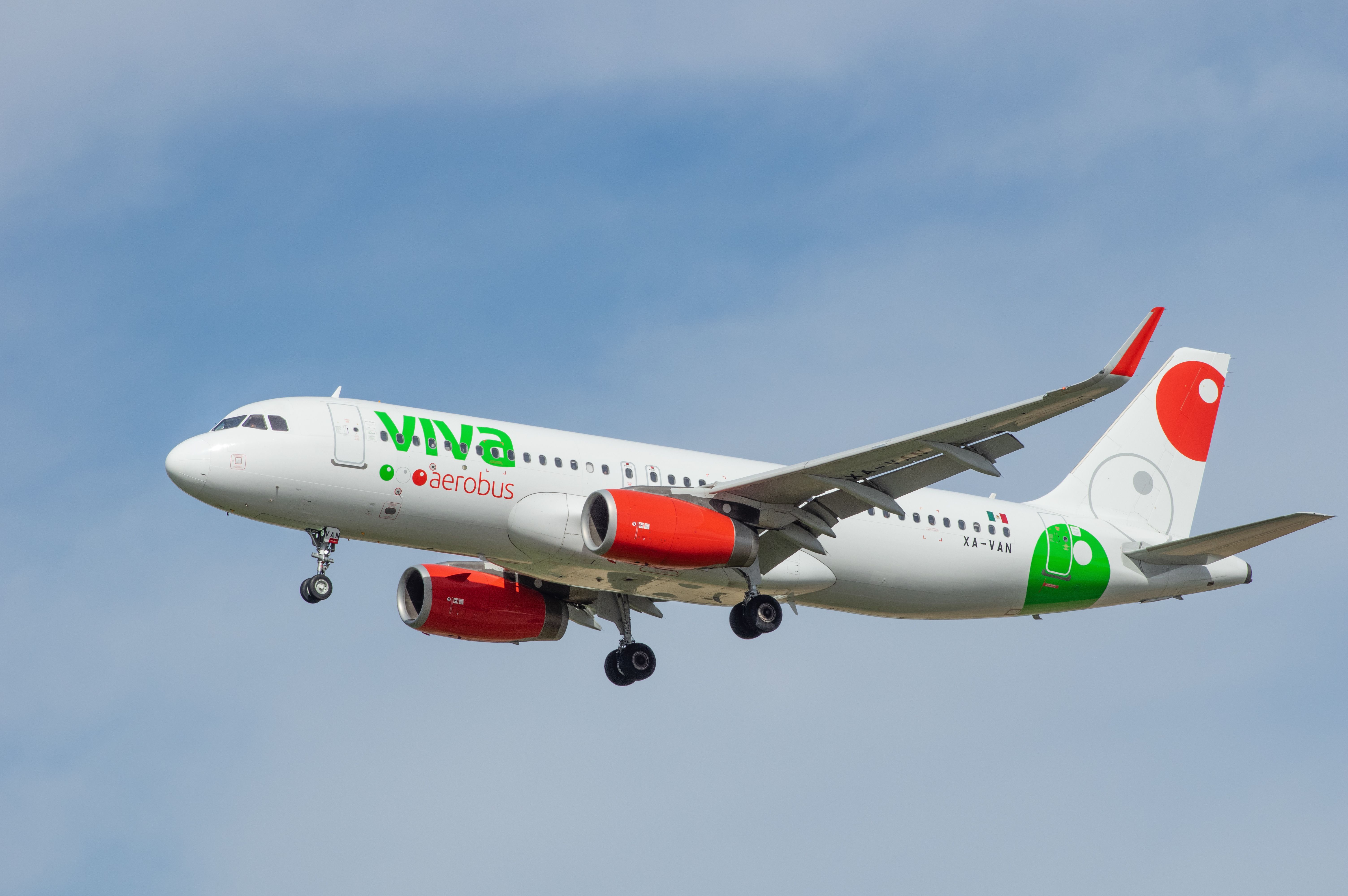 Viva Aerobus Airbus A320 landing at Los Angeles International Airport.