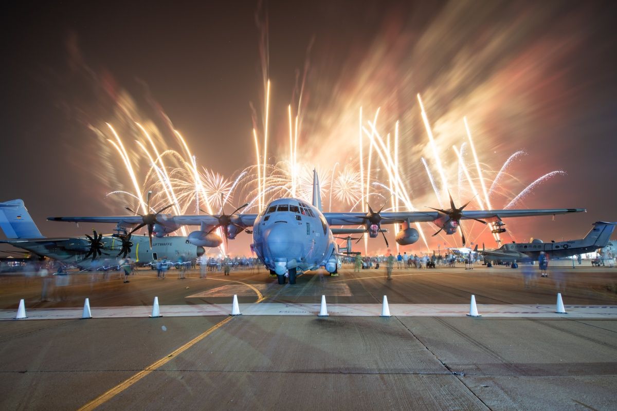 AC-130J Ghostrider gunship with fireworks