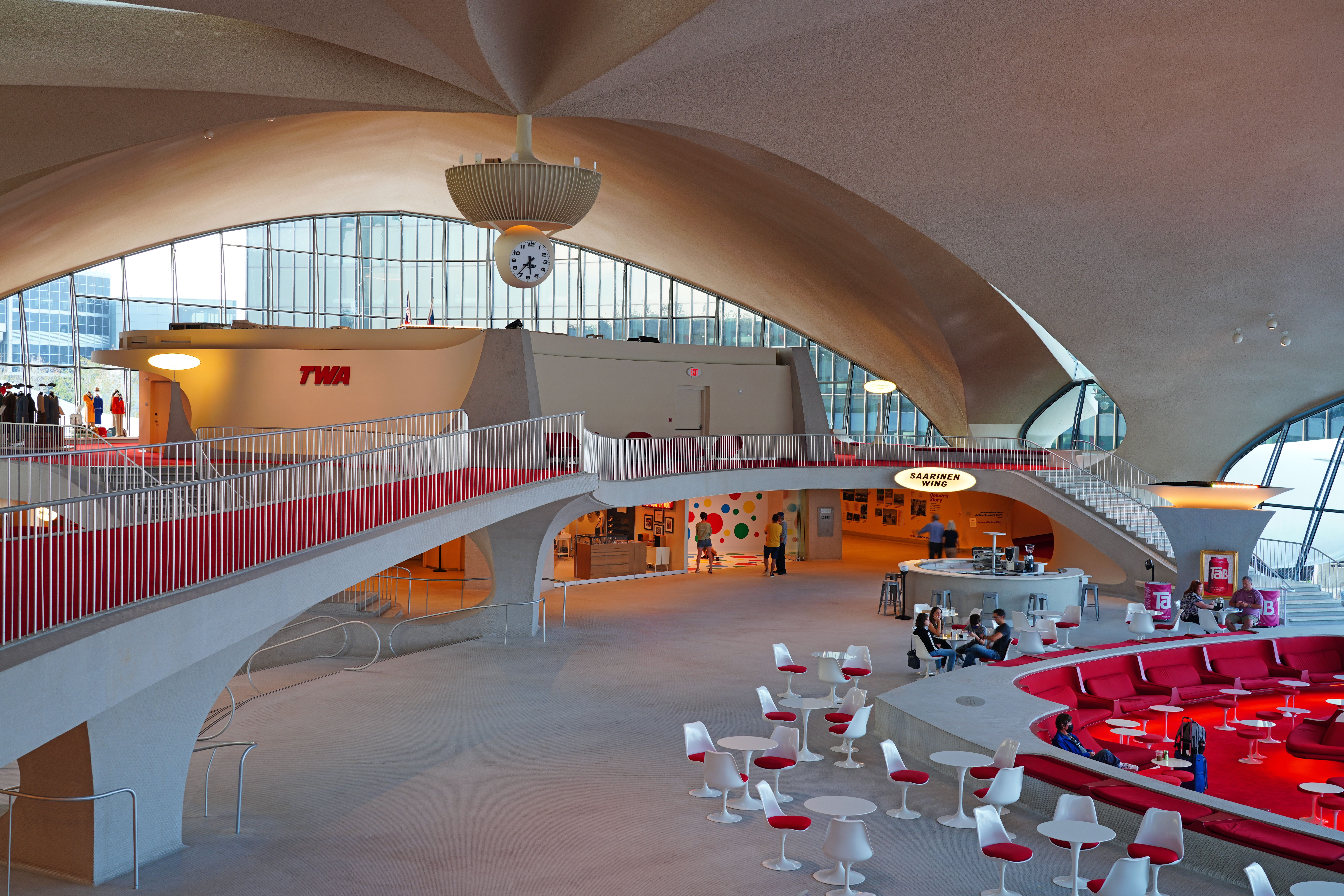 Interior view of the TWA Hotel in the landmark TWA Flight Center building designed by Eero Saarinen at John F. Kennedy International Airport.