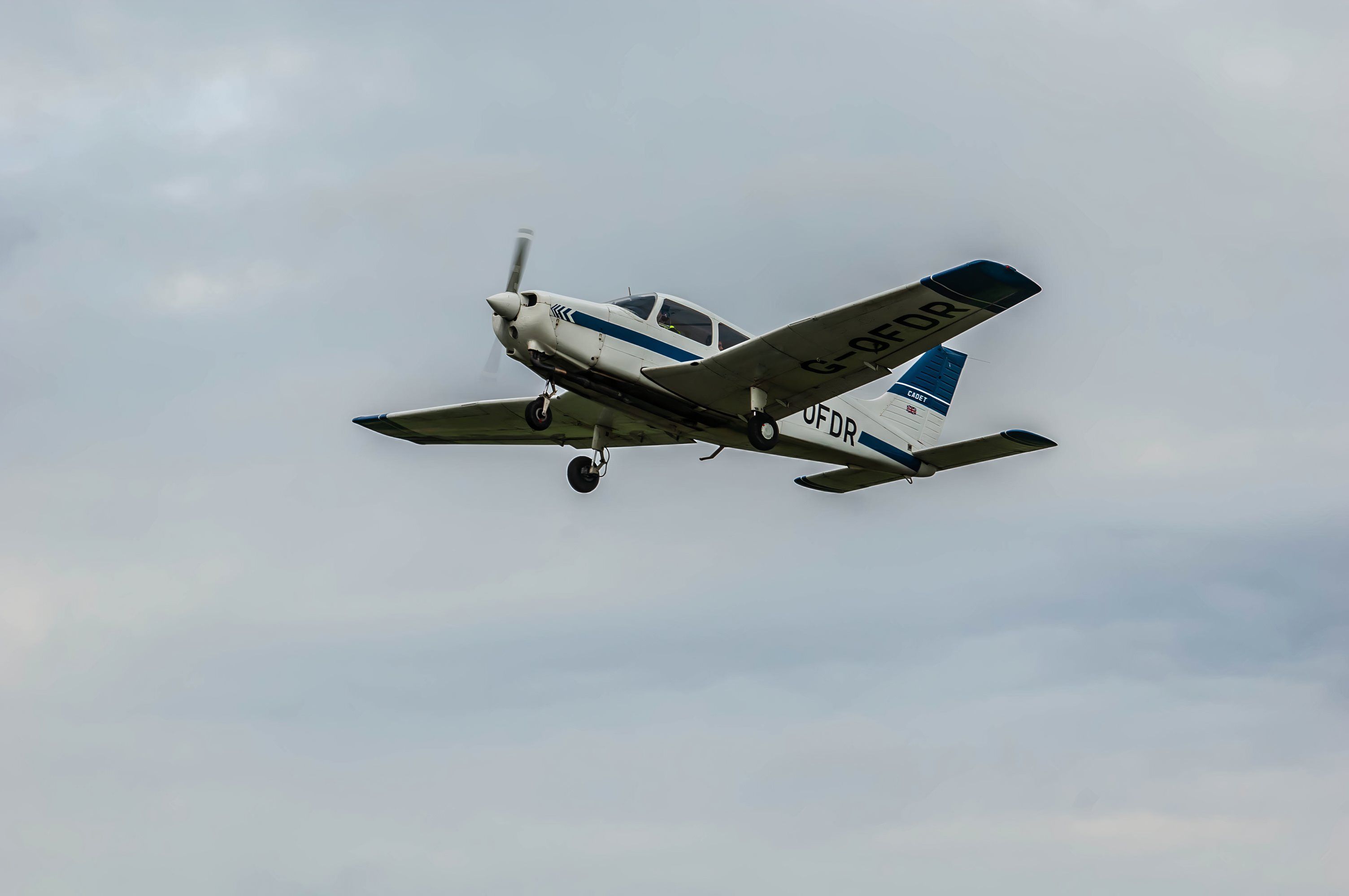 Piper PA-28-161 single engine piston aircraft in the sky after taking off from London Elstree Aerodrome