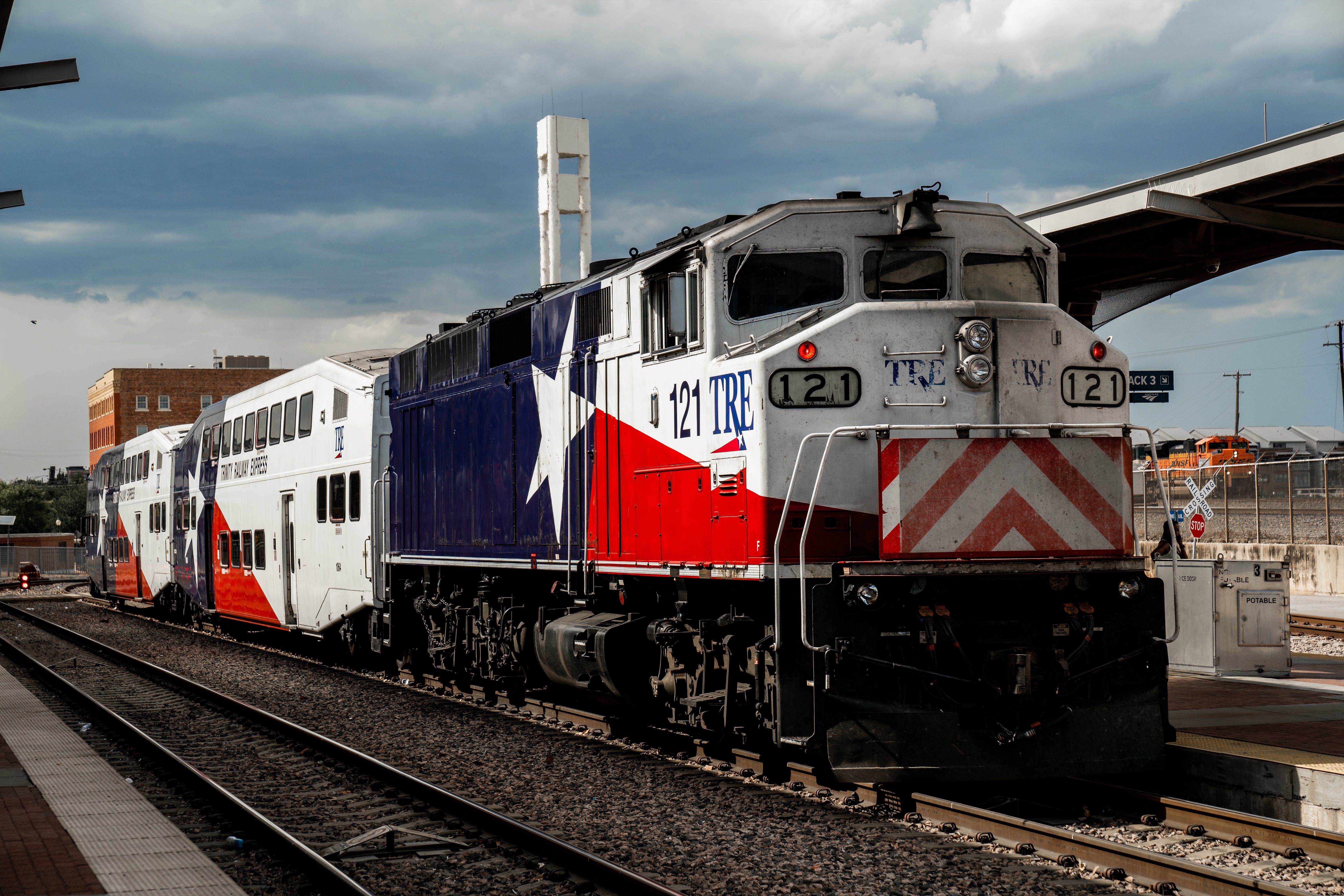 The Trinity Railway Express commuter train at the Fort Worth Central Station picking up rail passengers