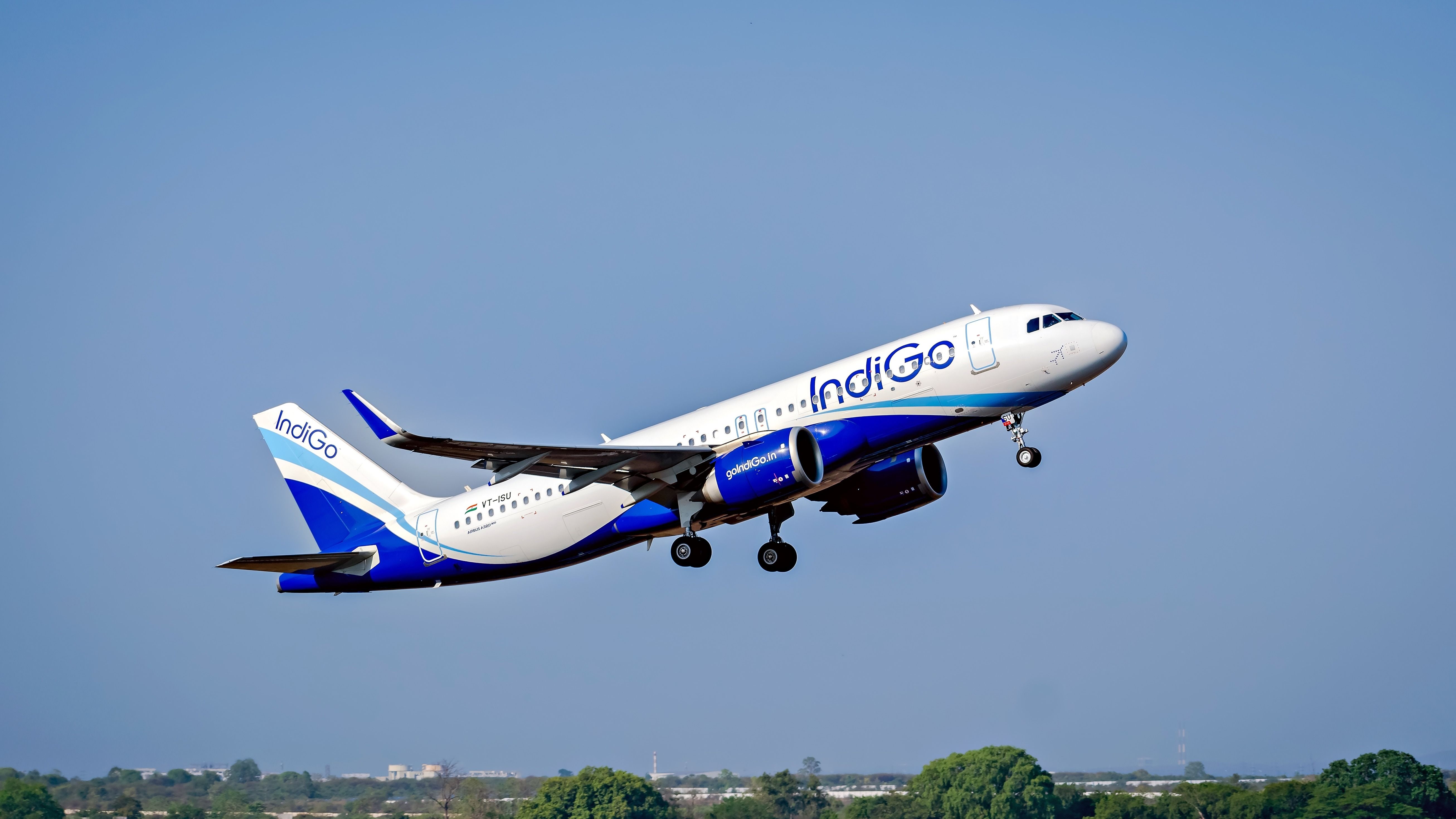 Nagpur, Maharashtra, India-June 12th, 2023: Indigo flight takes off from with clear blue sky background.