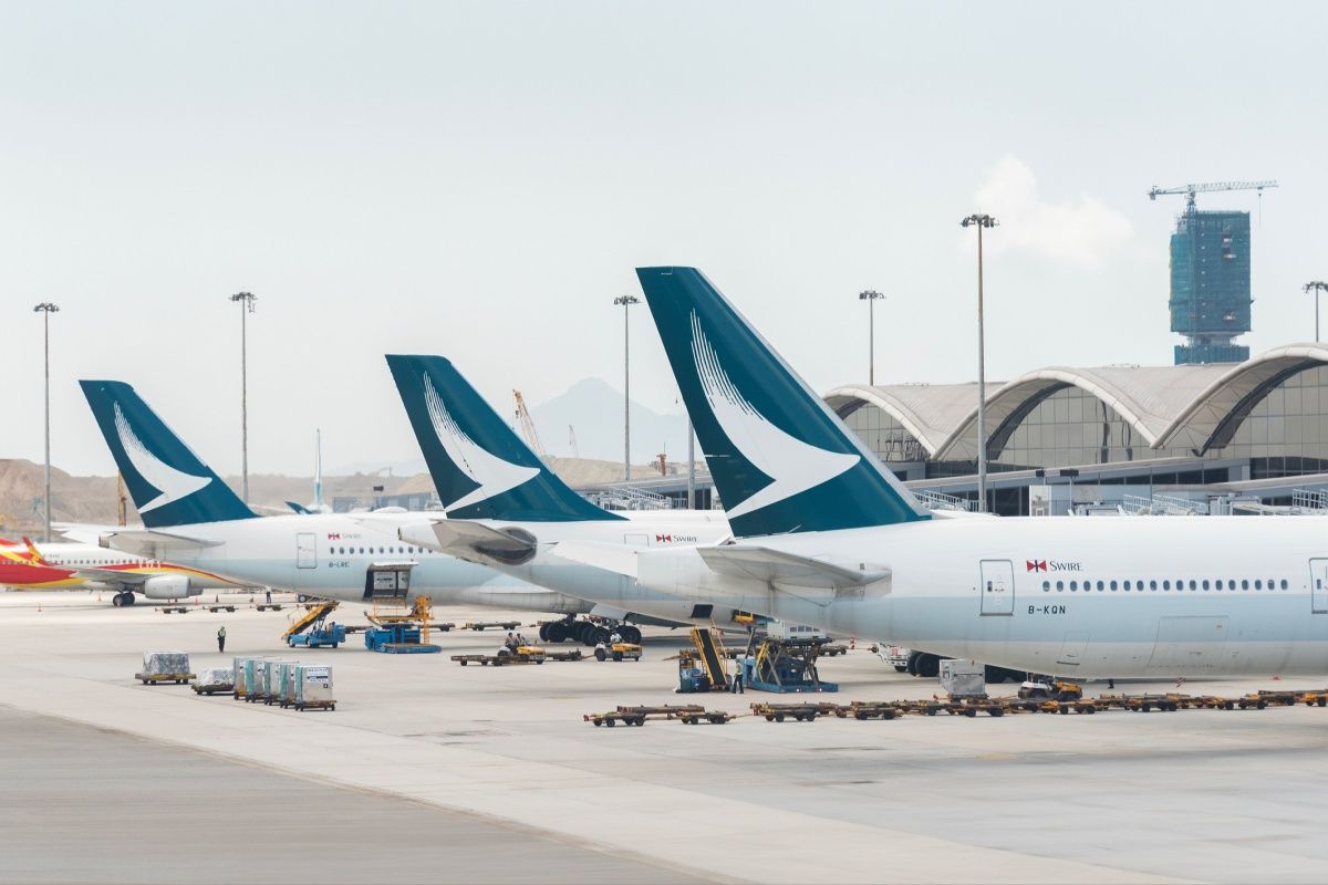 Cathay Pacific airline airplane grounded at Hong Kong International airport