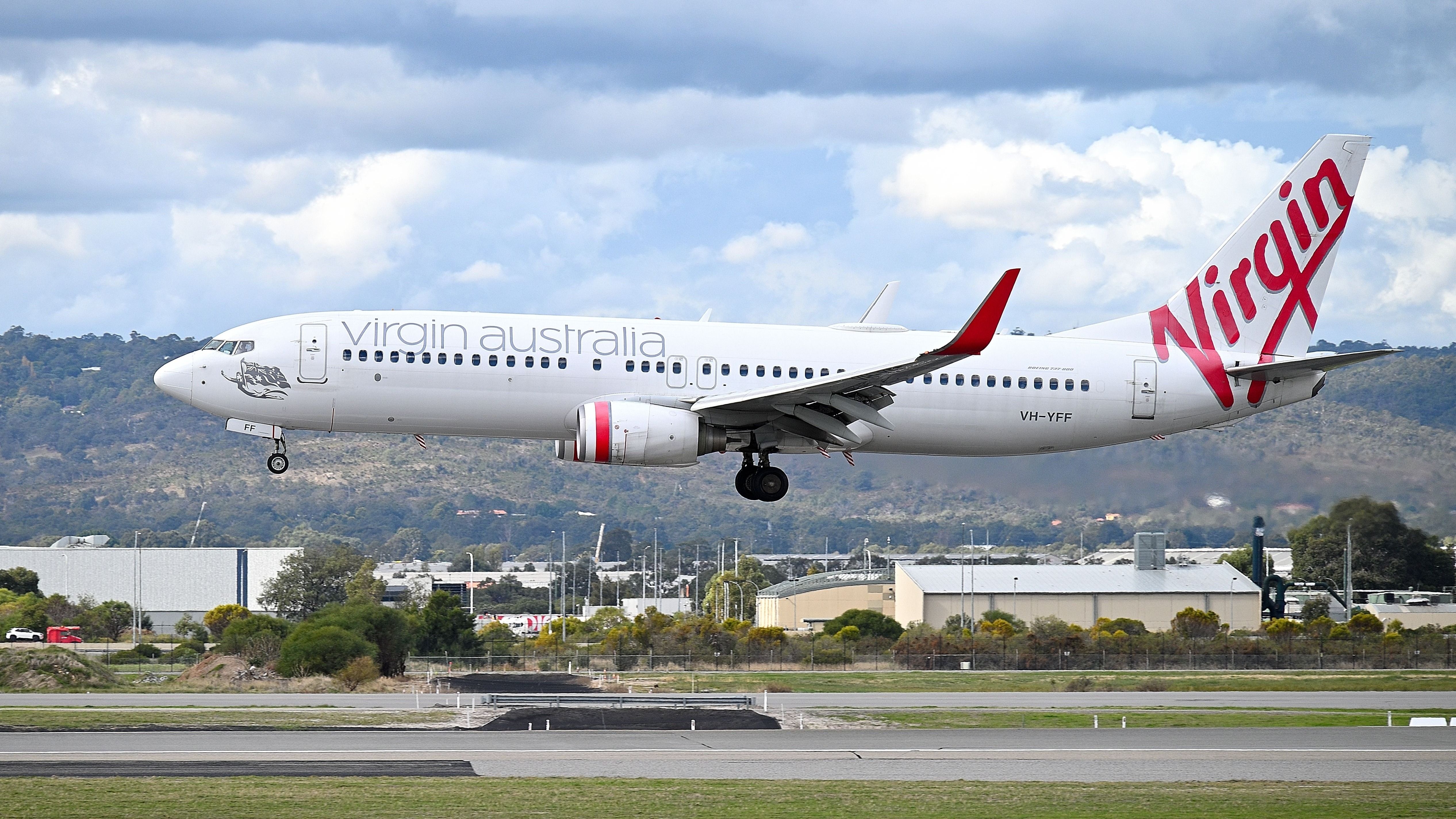 A Virgin Australia aircraft landing at Perth Airport