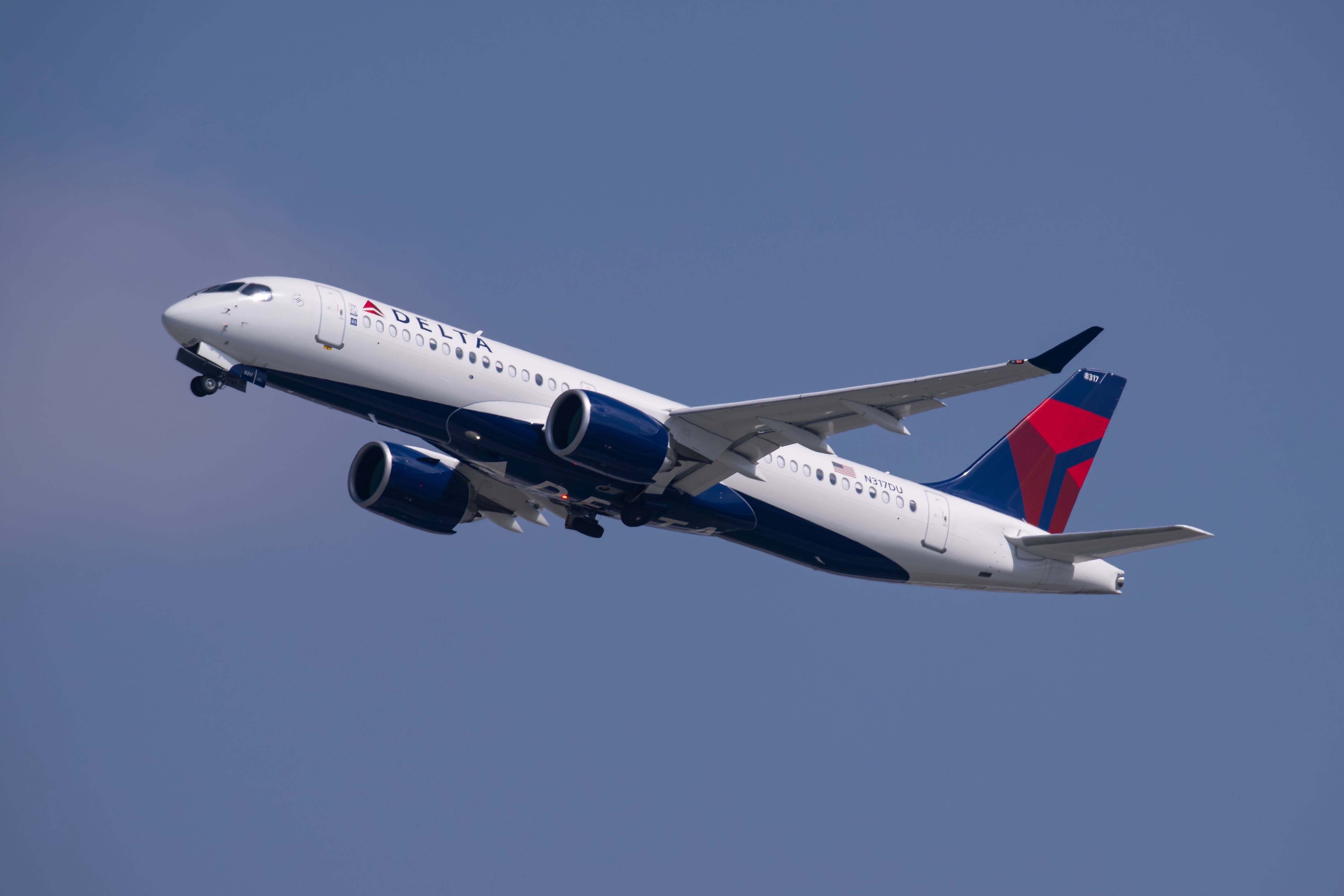 Delta Air Lines Airbus A220-300 taking off.