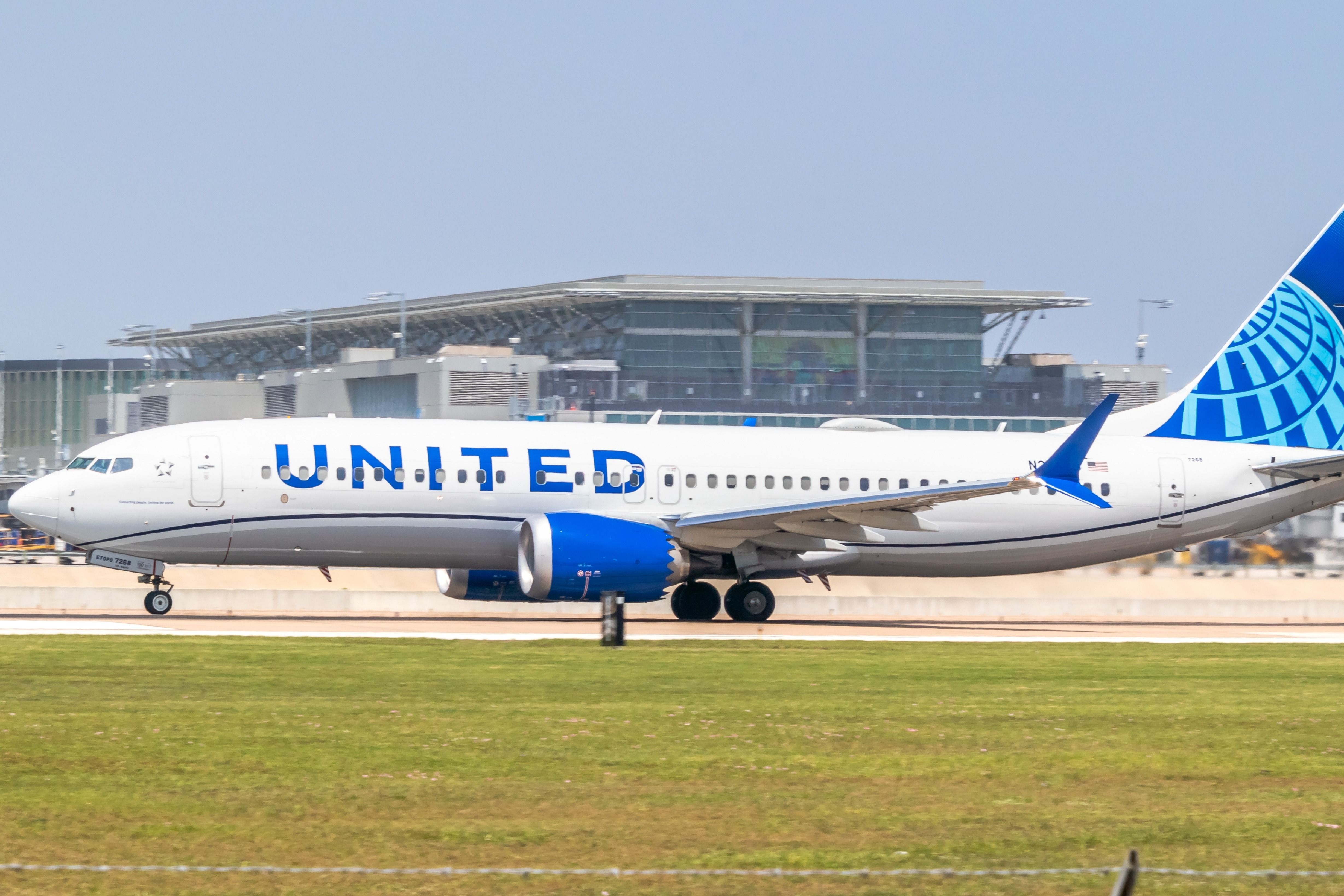 Austin Texas- April 22, 2023 Austin-Bergstrom International Airport United Airlines Boeing 737 MAX 8 Taking off Runway 18L