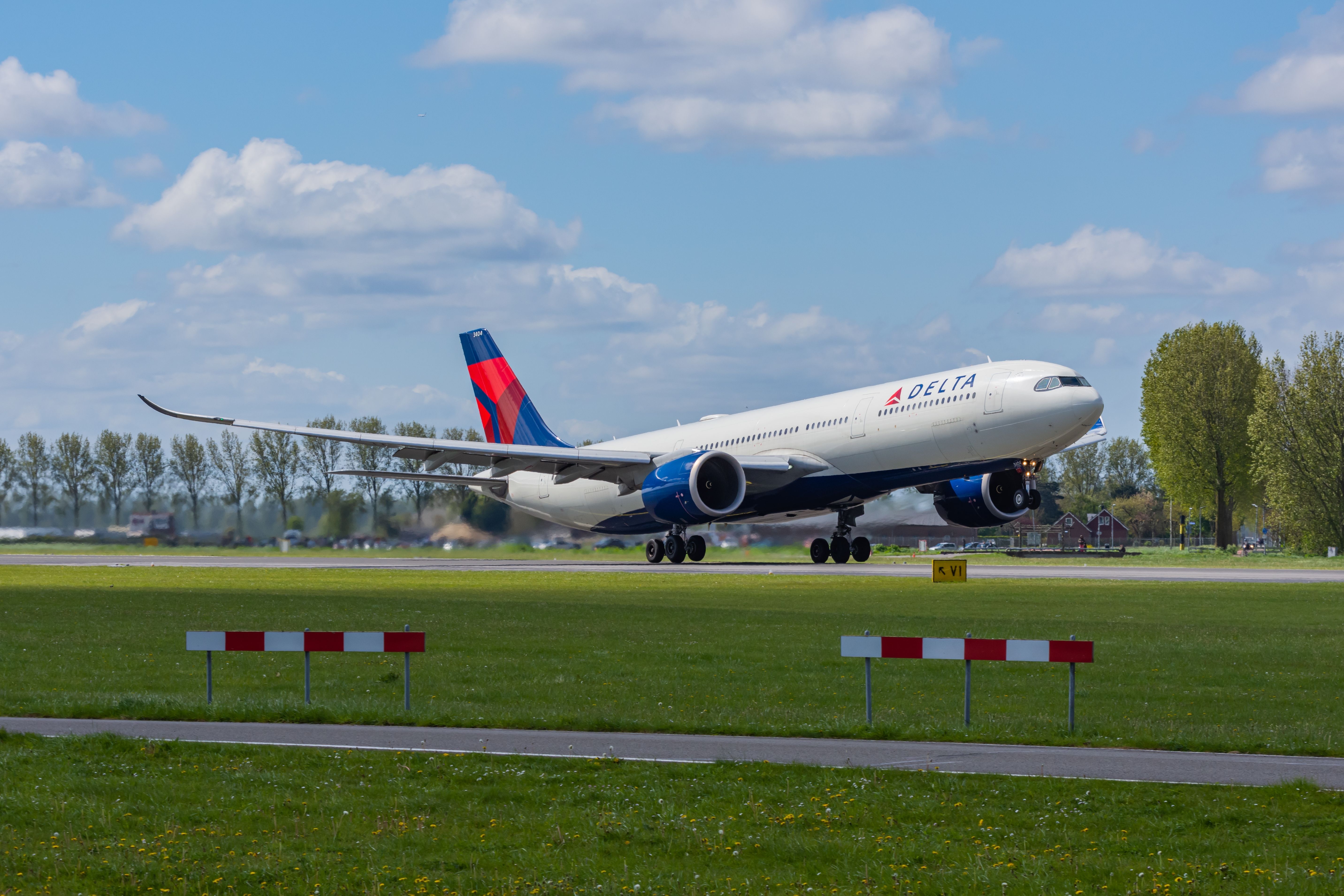 Delta Air Lines Airbus A330-900neo taking off from Amsterdam.