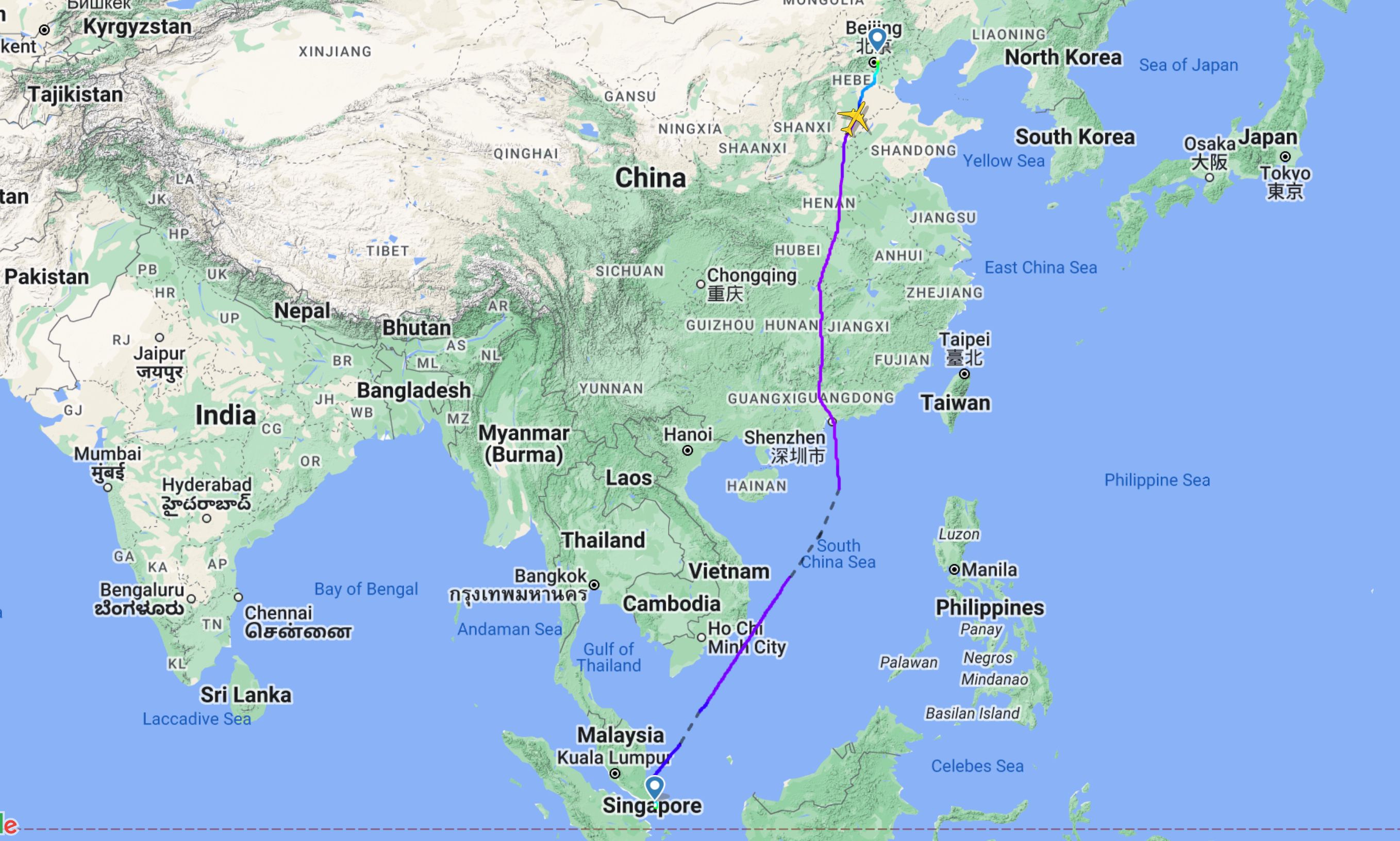 Singapore Airlines SQ802 Singapore - Beijing Capital PEK Map