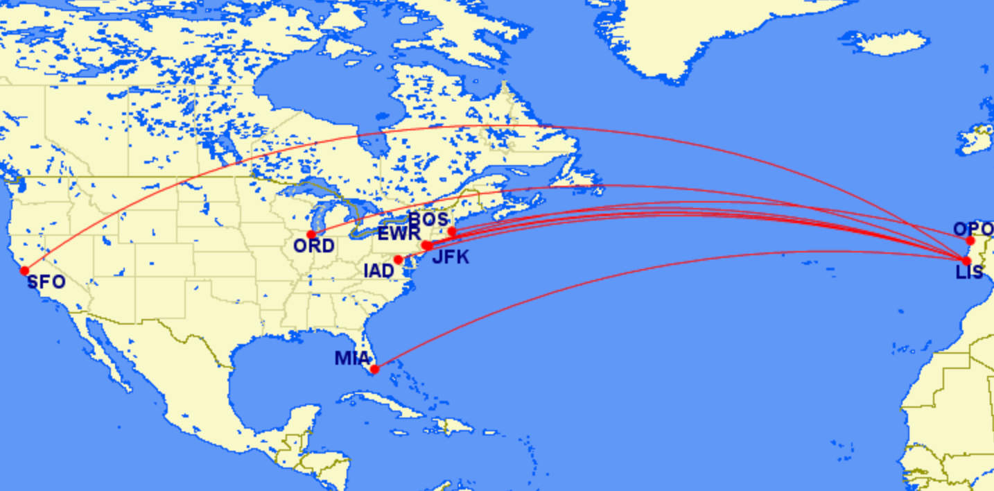 TAP Air Portugal route network to the United States