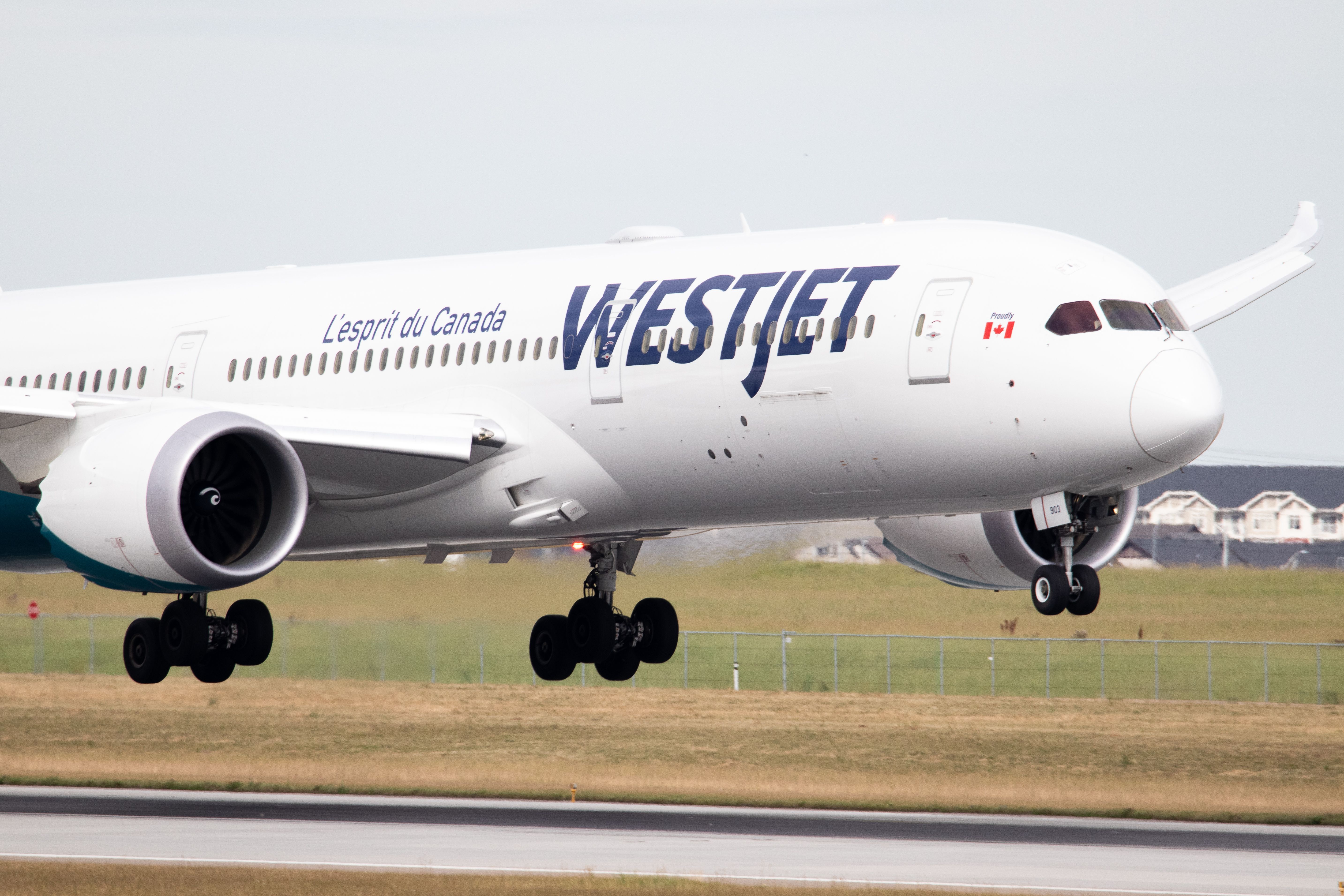 WestJet Boeing 787 lands in Calgary shutterstock_1680049276