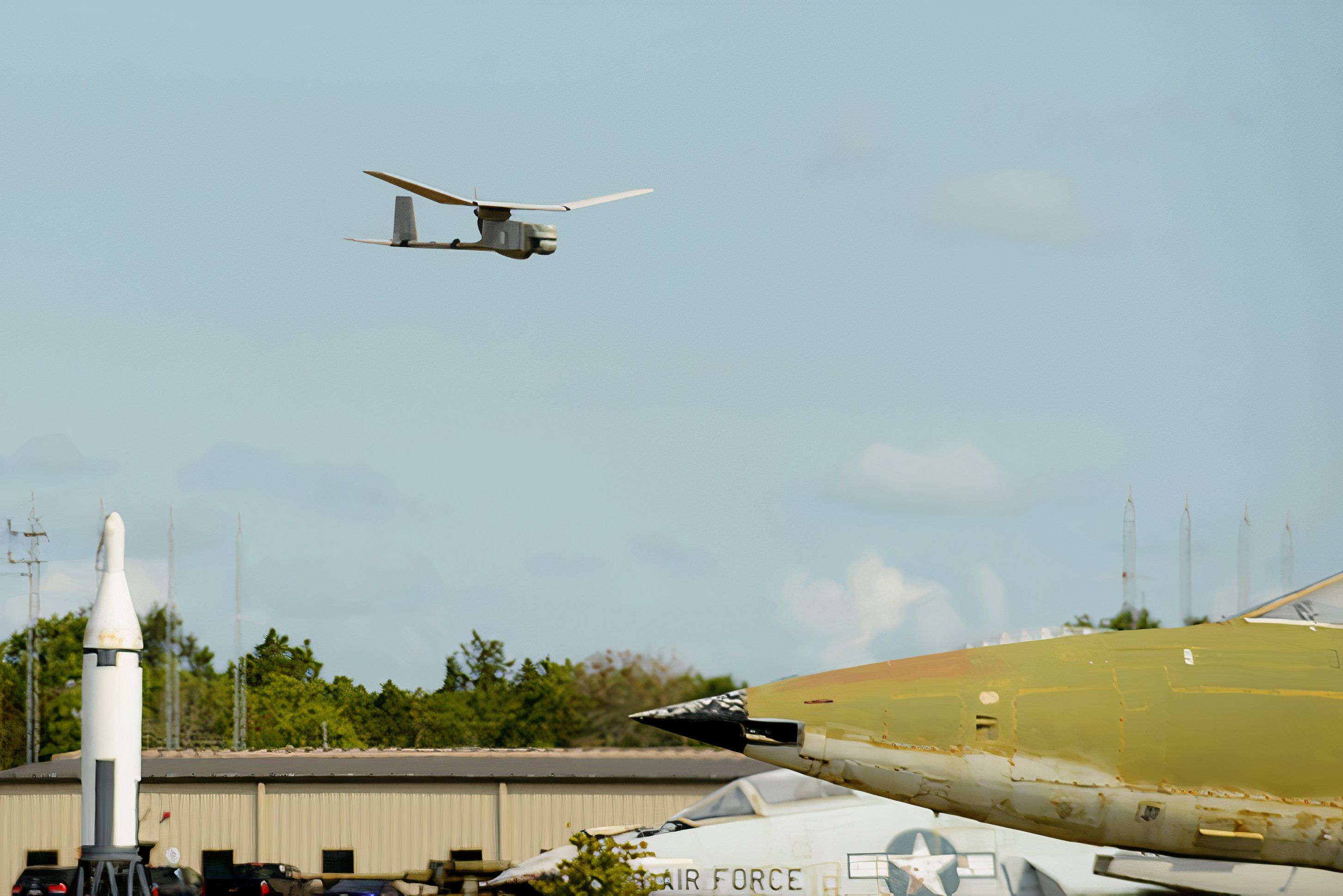 A RQ-11B Raven, a small unmanned aerial system, soars through the sky during training at Poinsett Electronic Combat Range, Wedgefield, S.C