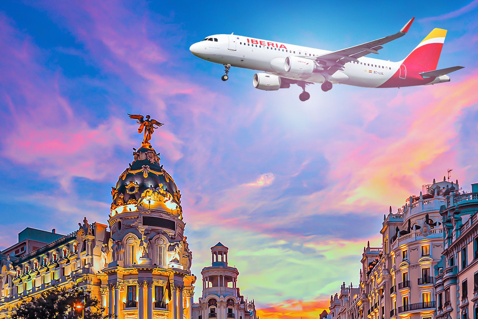 An Iberia aircraft flying over Madrid