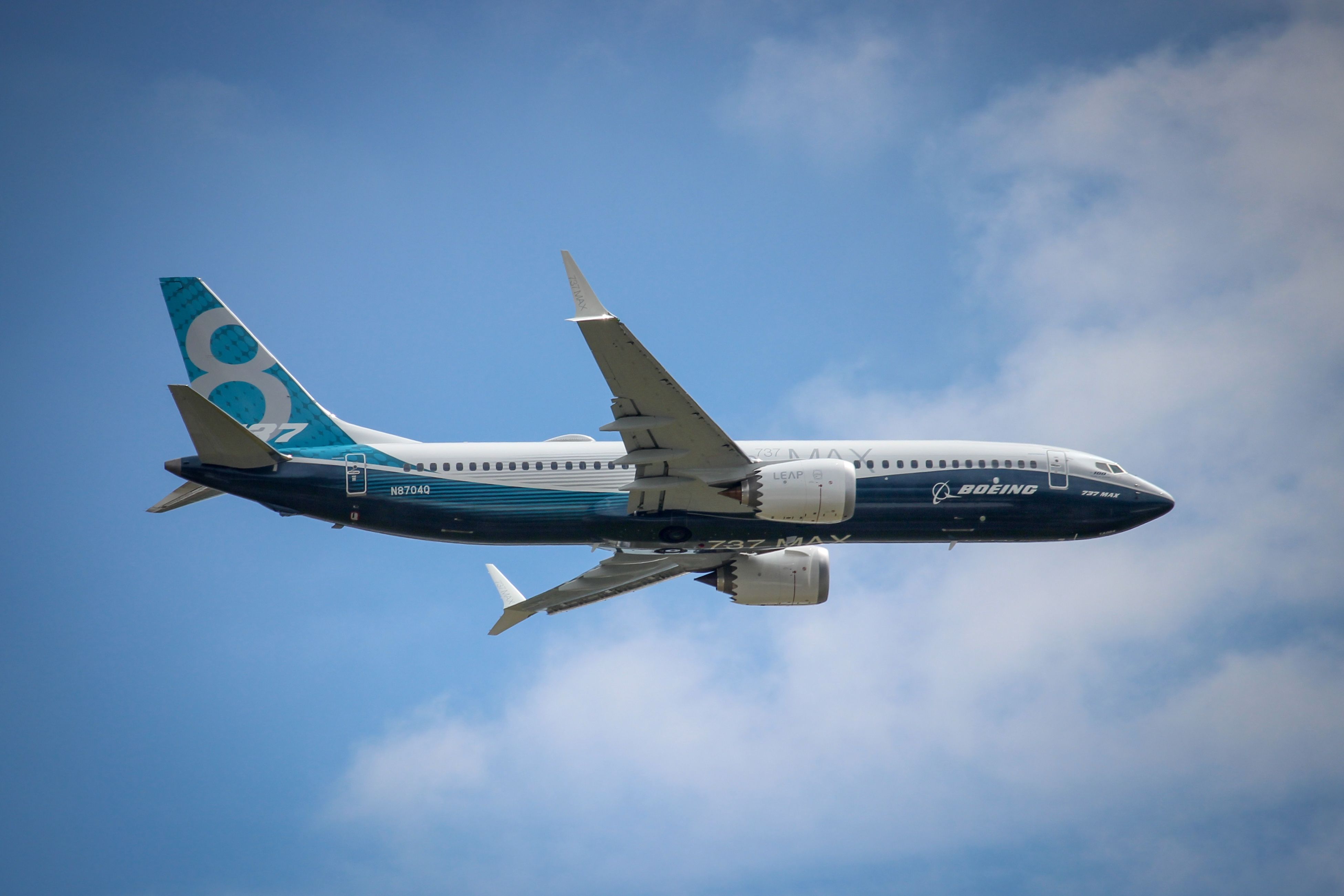 Boeing 737 MAX 8 flying at Farnborough International Airshow shutterstock_2082487012