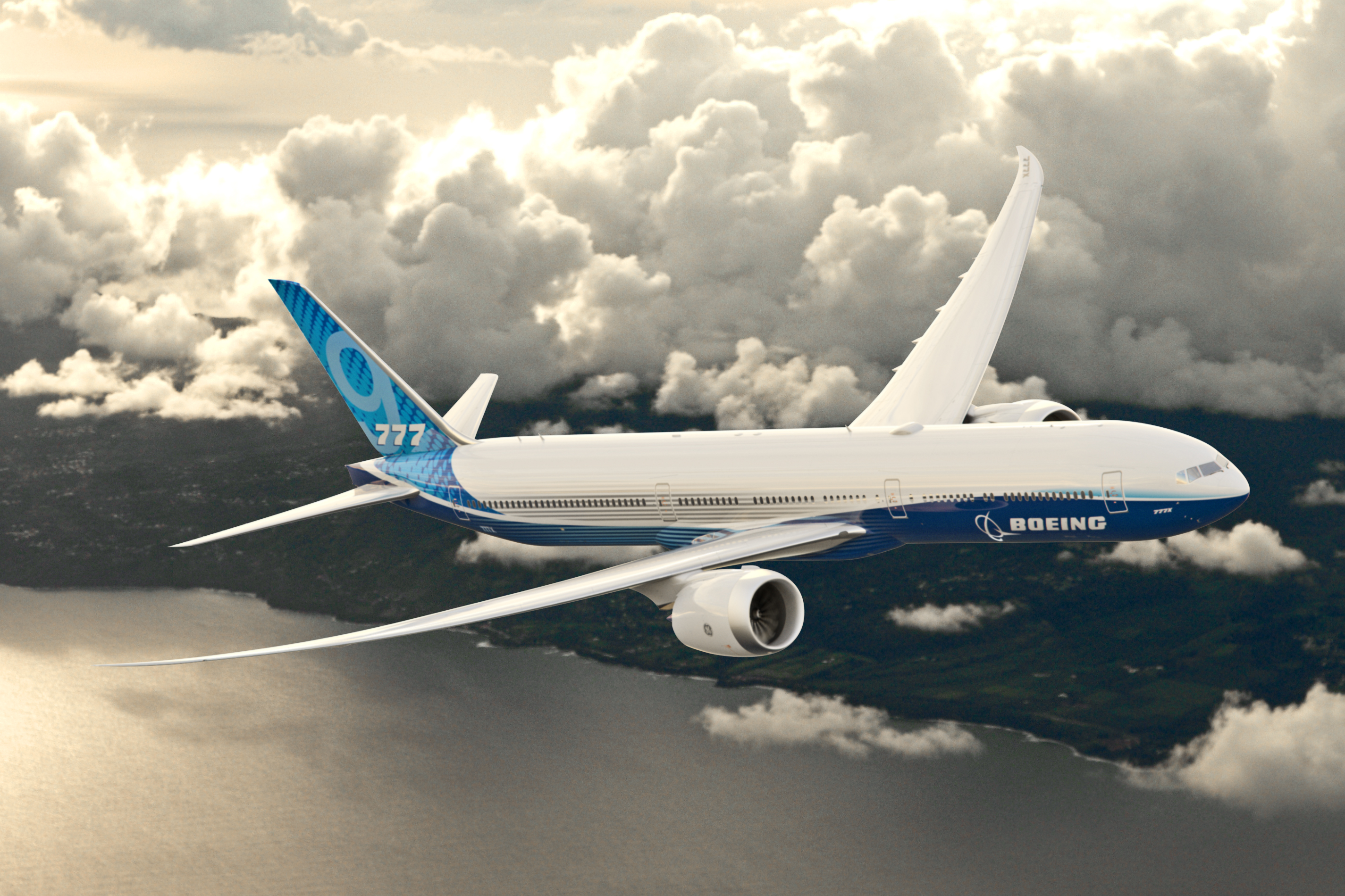 A Boeing 777-9 in the sky