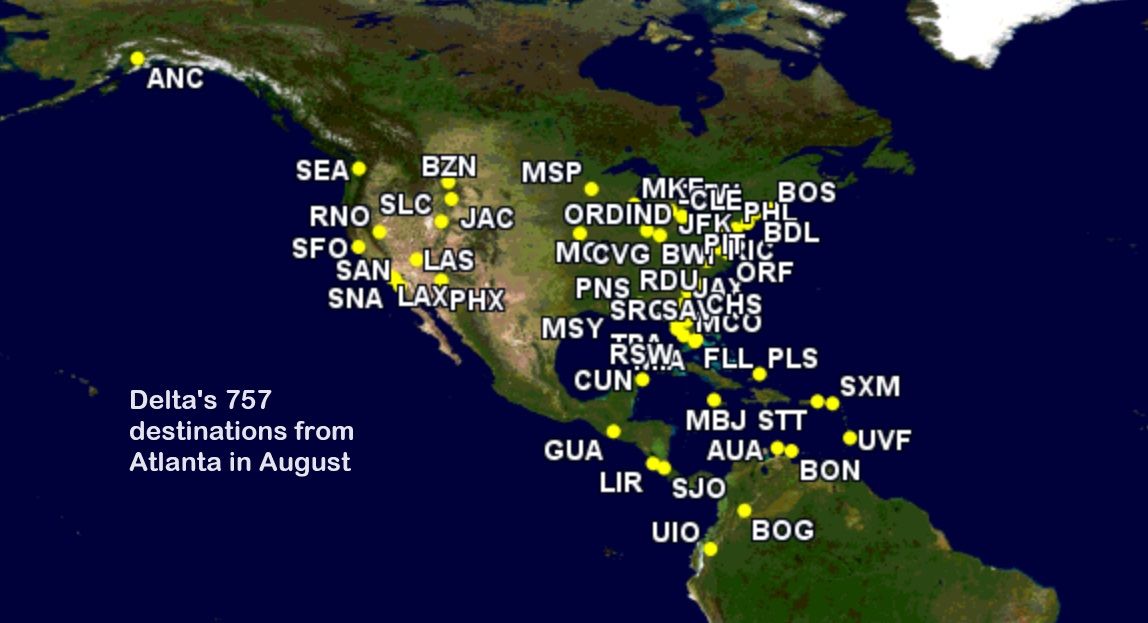 Delta 757 destinations from Atlanta in August