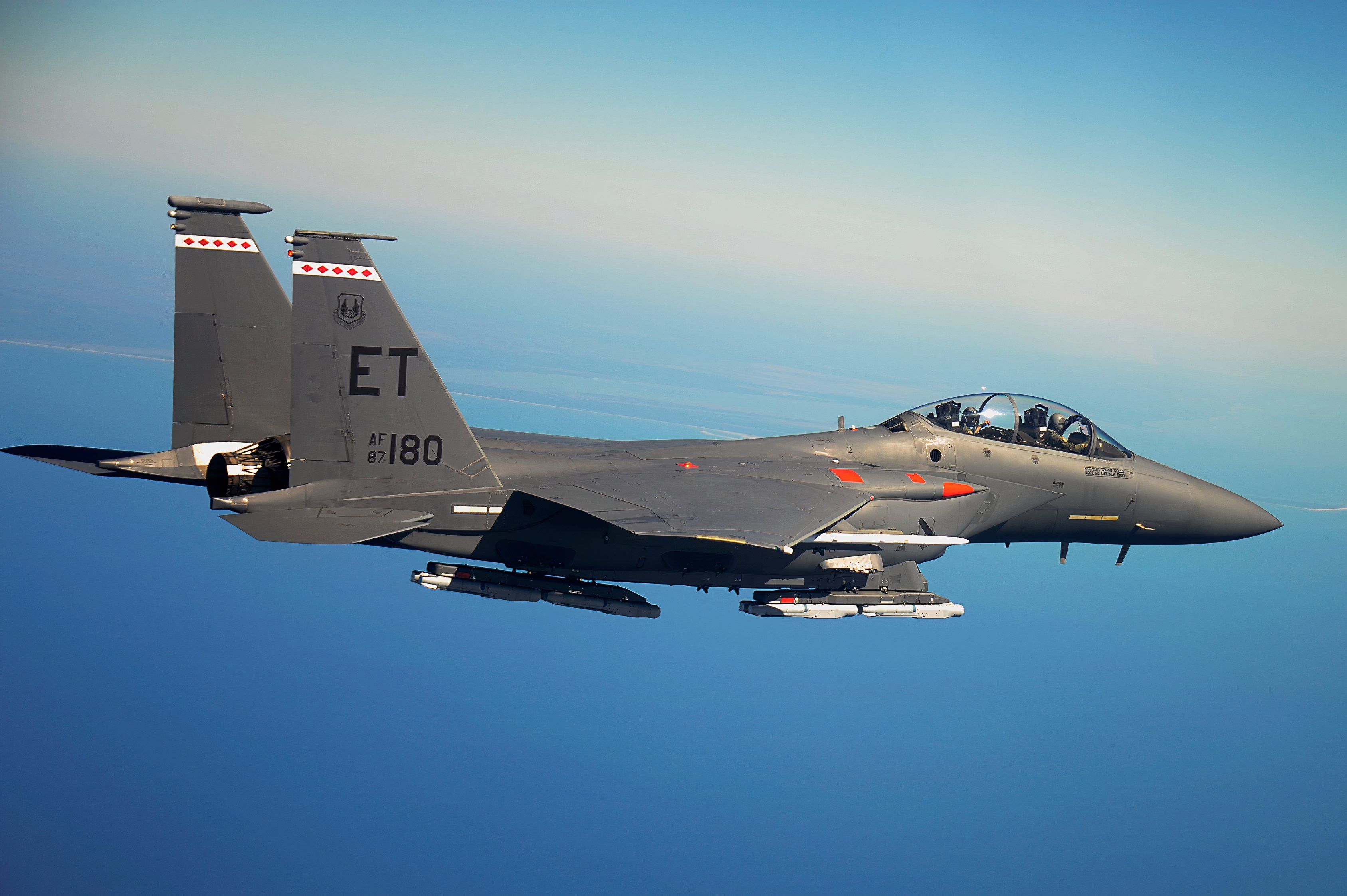 F-15 in flight munition view - packing 4 StormBreakers per rack